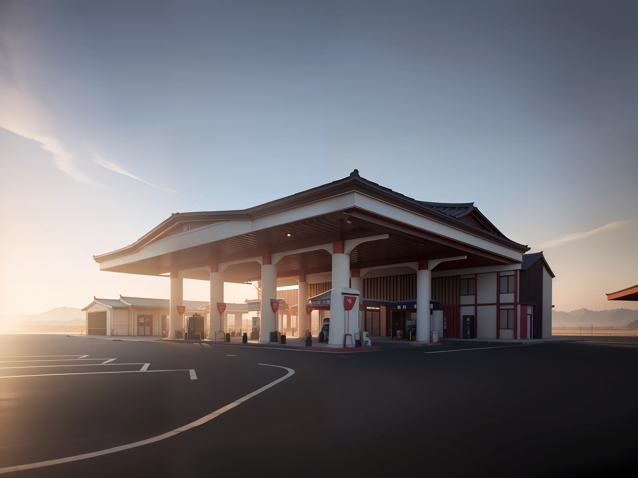Masterpiece, gas station, canopy, pillar, new Chinese style, dark coffee, bright, vr rendering, sunny, clear, extreme detail, noon, 4k