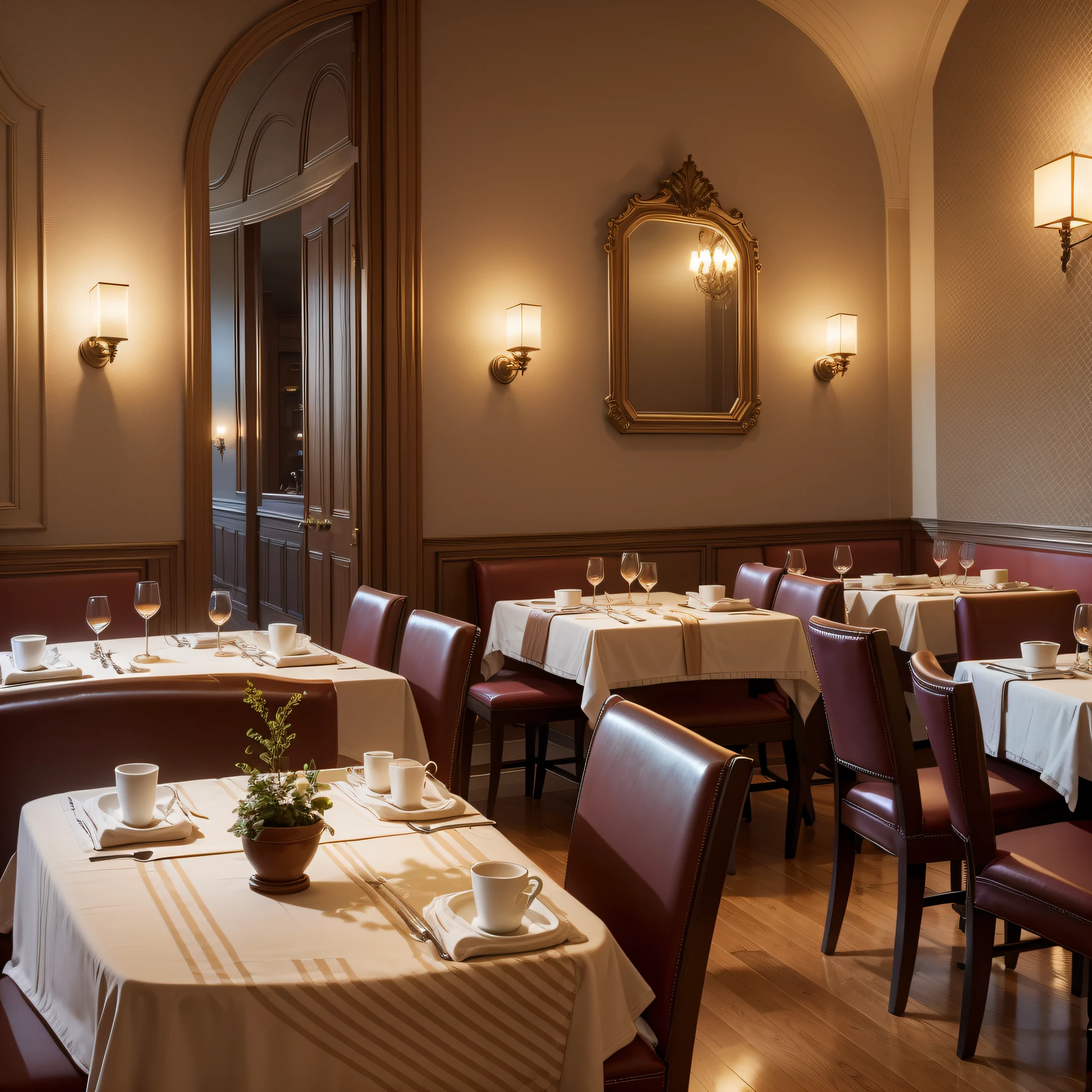 There are 5 tables in the restaurant with table lamps and warm lights --auto --s2