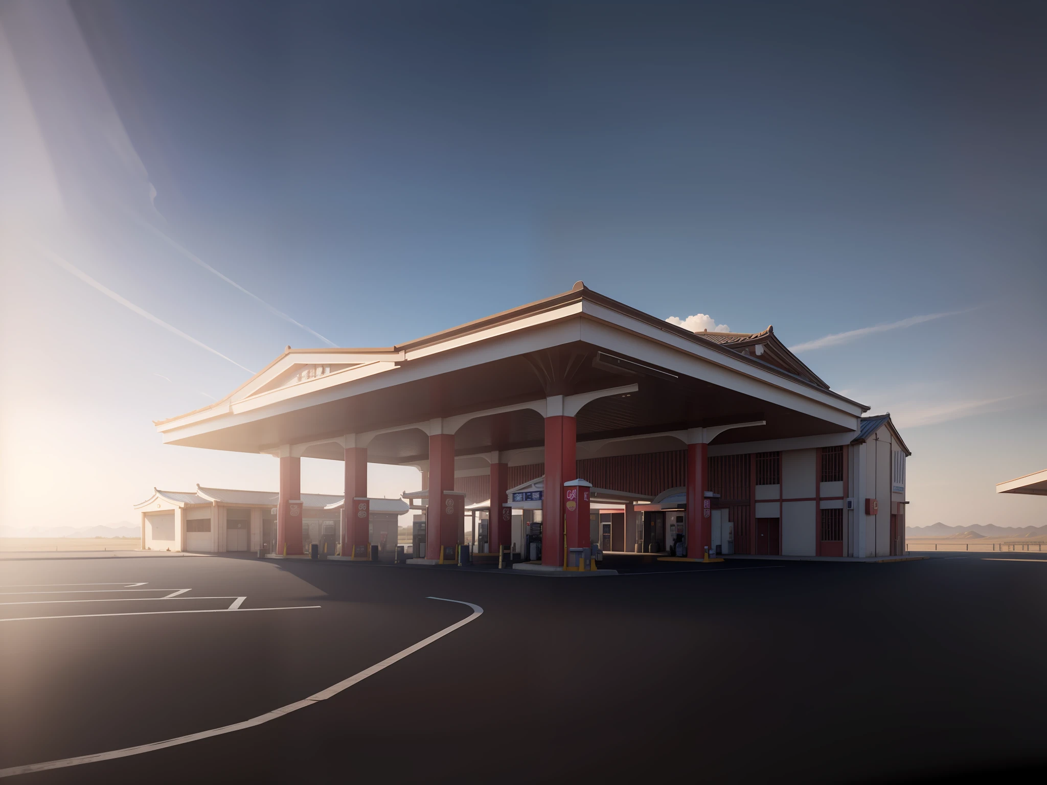 Masterpiece, gas station, canopy, pillar, new Chinese style, dark coffee, bright, vr rendering, sunny, clear, extreme detail, noon, 4k