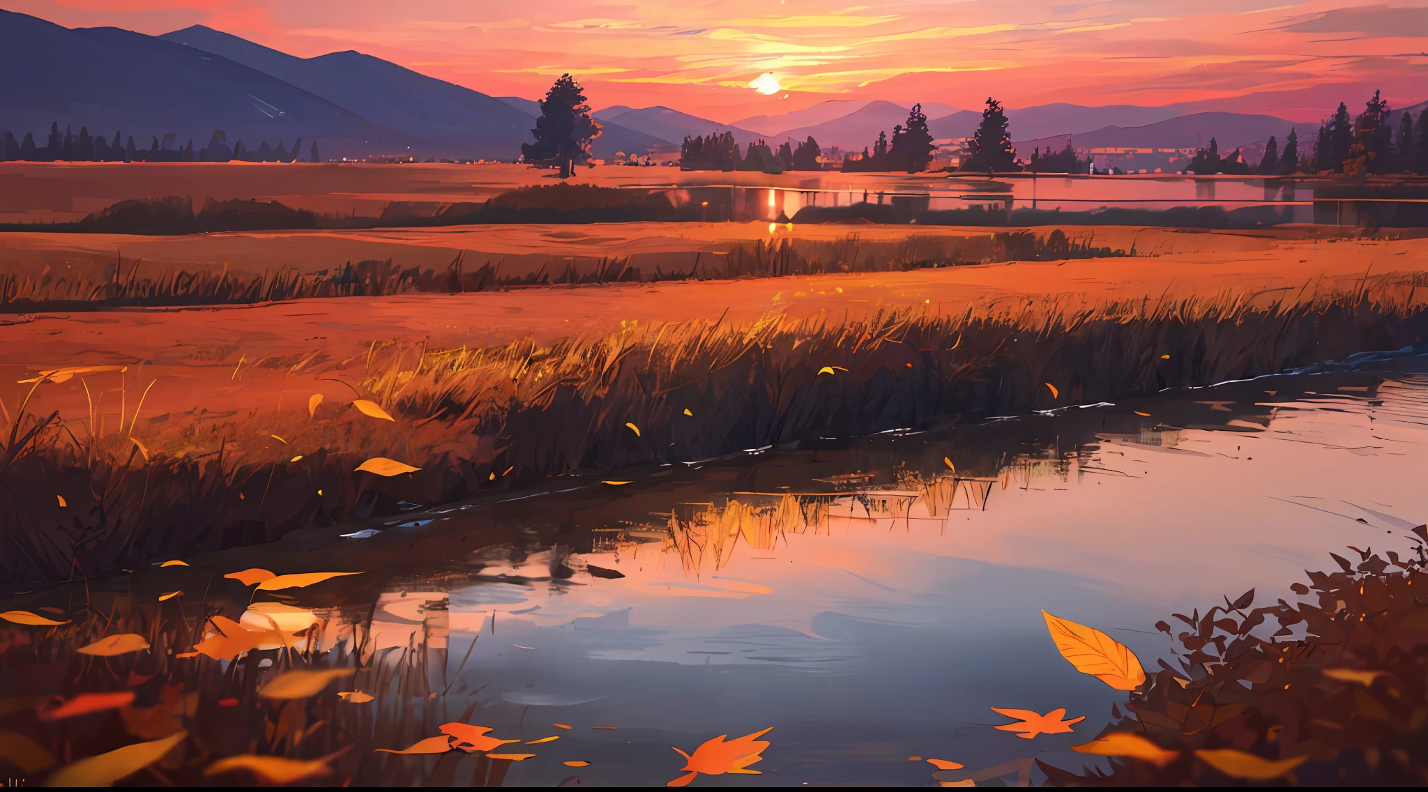 Masterpiece, best quality, depth of field, dusk, orange sky, sunset, glow, lake, hills, autumn, willow, fallen leaves