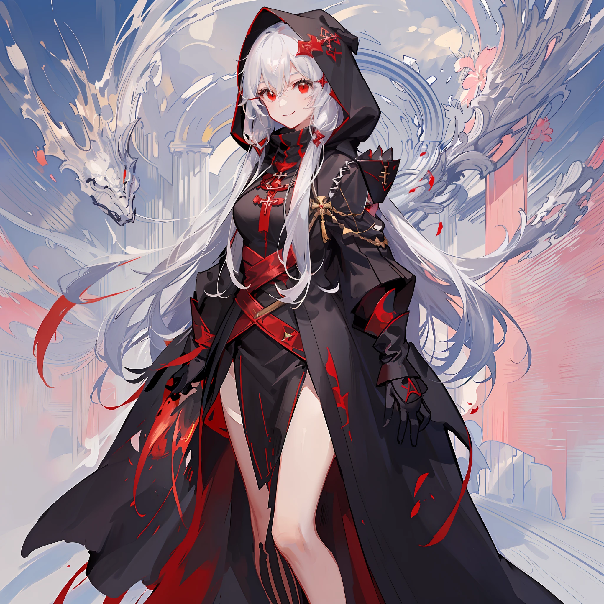 Maiden, bare-legged, playful smile, round red thread striped road black robe, hood, cape, red eyes, long white hair, standing posture, full body, mage, holy girl