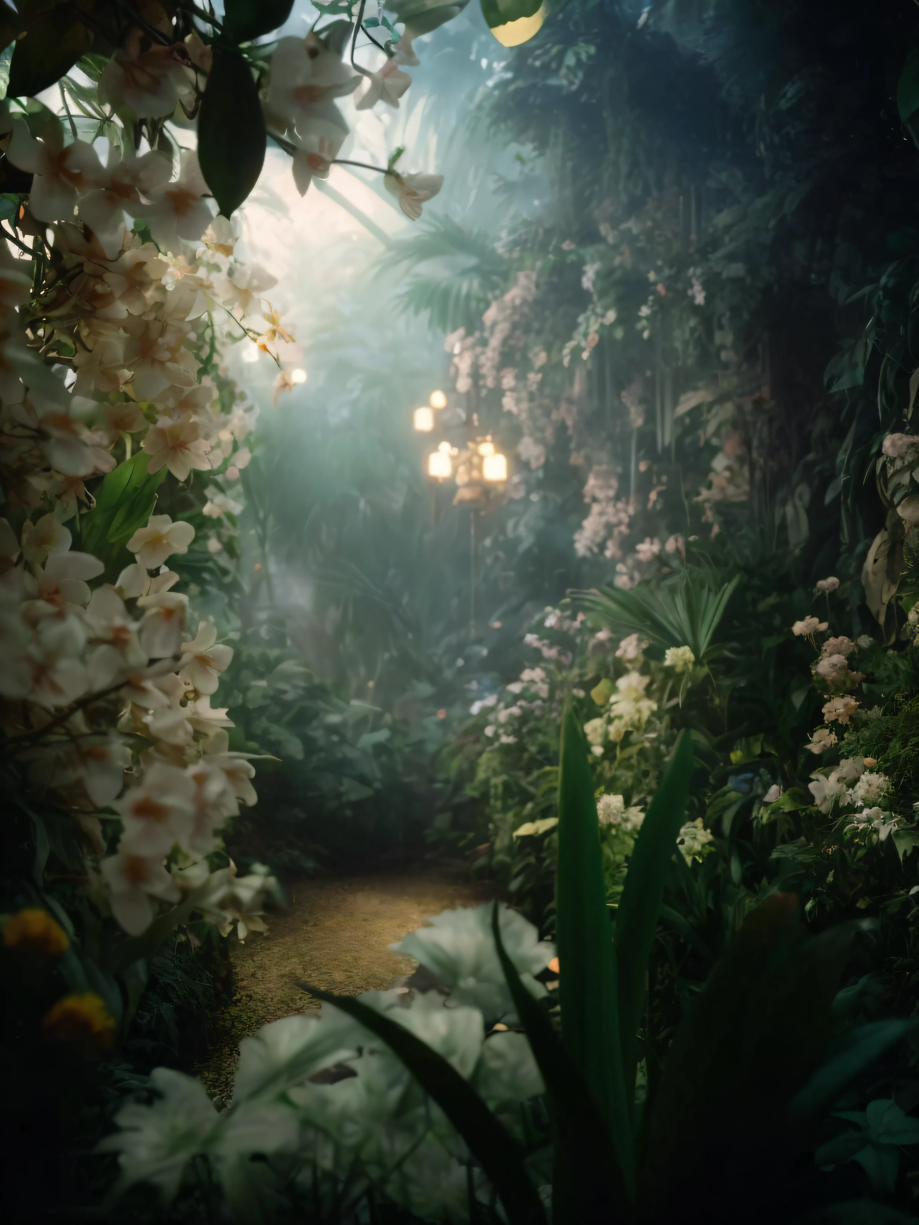 there is a path through a garden with flowers and plants, floral environment, art nouveau jungle environment, photograph of enchanted garden, a paradise like a fairyland, magical environment, magical jungle, lush fairy forest, deep jungle from another world, enchanted and magic forest, a still of an ethereal, inside an alien jungle, fantasy jungle, lush plant and magical details
