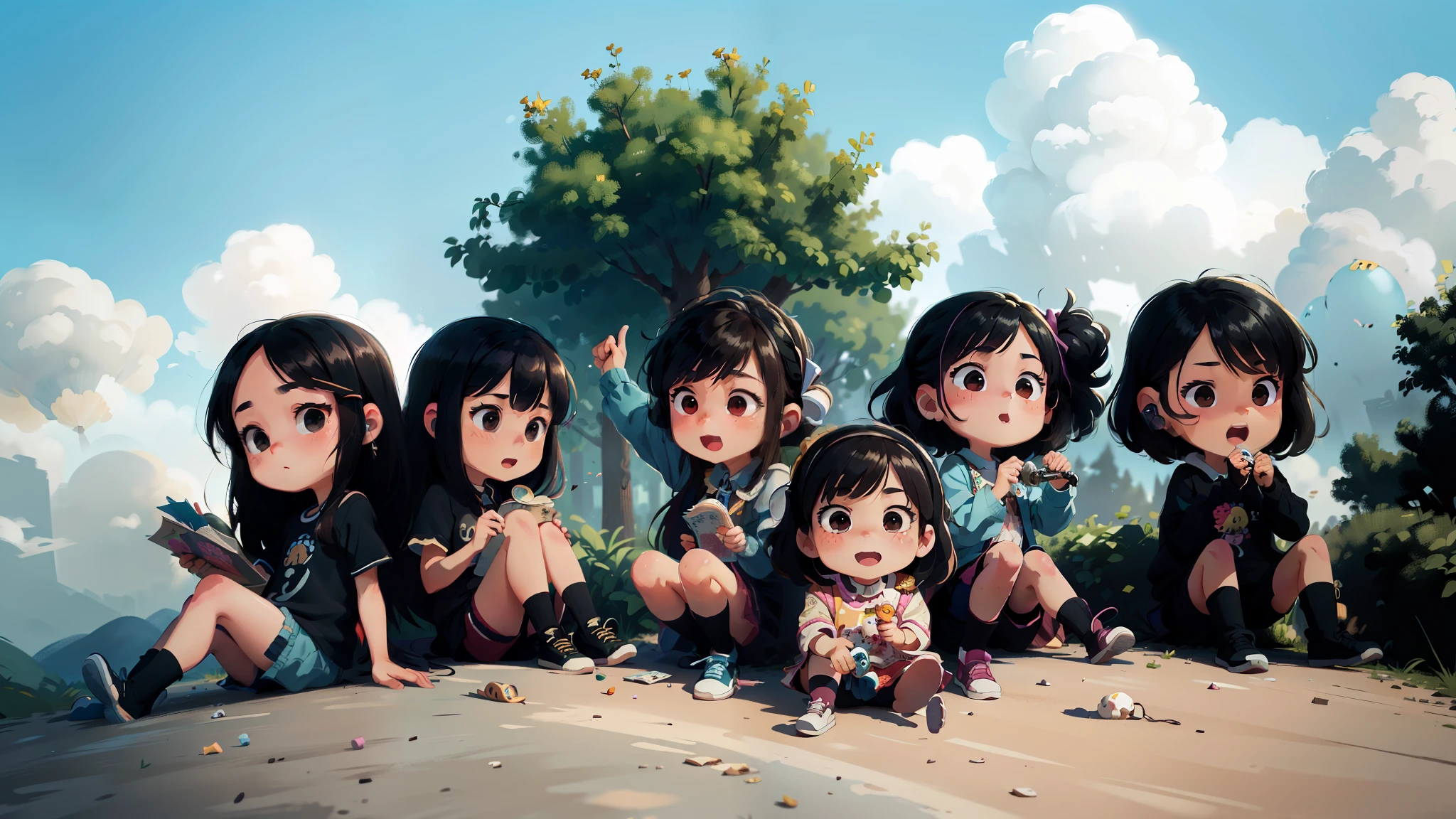 UHD, (HD resolution: 1.2), skin radiance, (best quality: 1.1), (masterpiece), (best quality), smile, (beautiful detailed face), (beautiful detail eyes), 8K, colorful balloons flying around, ((6 girls playing, listening to music, singing)) cute, chibi, background is summer park