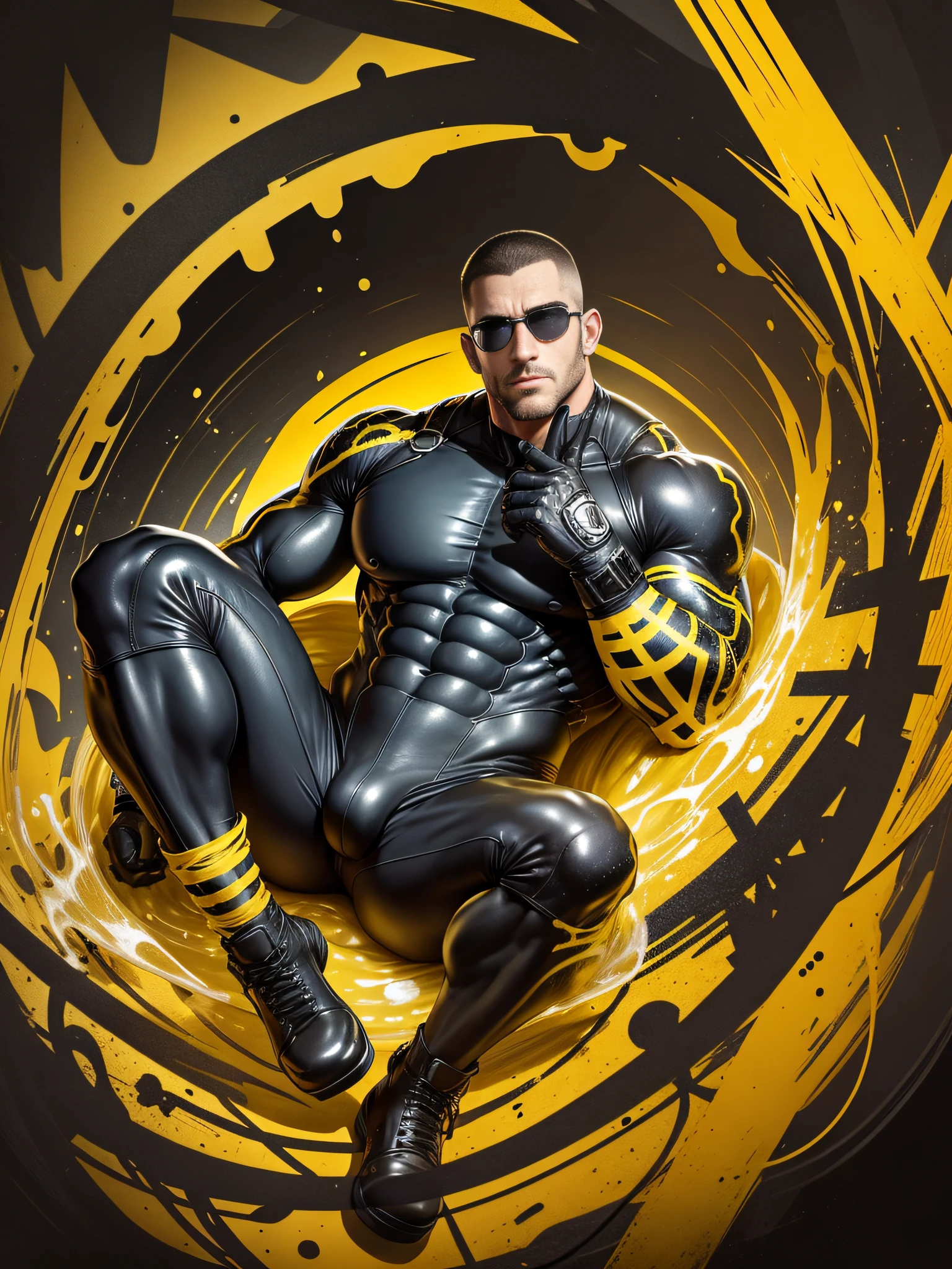 Arad man in yellow and black clothes, lying in a sticky tentacle lair, wrapped in black tentacle entanglement, muscle male hero, Buzz Cut, heroic male pose, tall and burly, muscular! Wearing black sunglasses, tall and burly, stealth suit, super buff and cool, high resolution committee, character design (Resident Evil - Chris Redfield), black military boots, attractive strong male