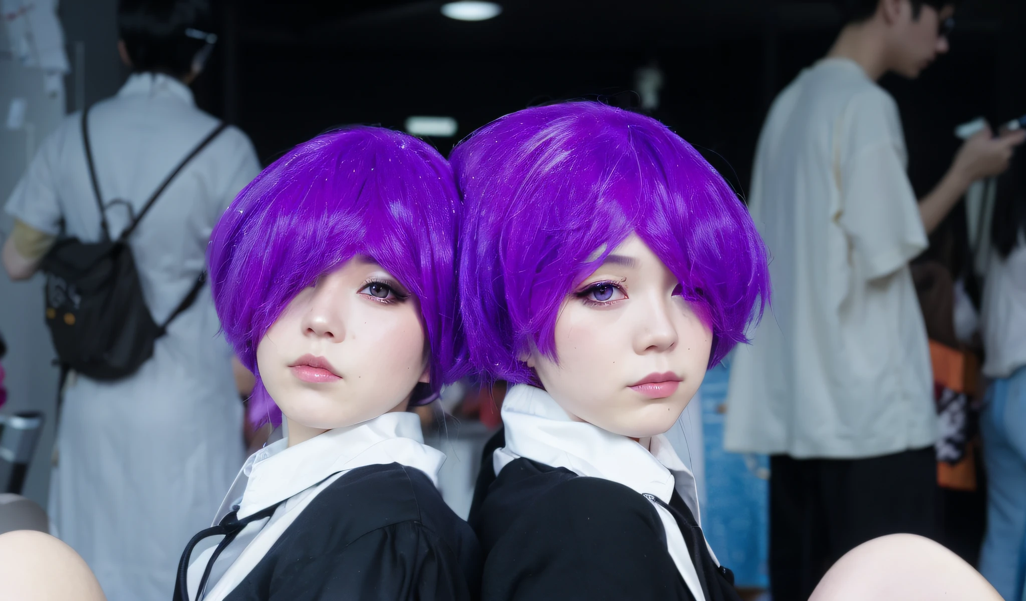 two women with purple hair are posing for a picture, anime cosplay, harajuku hair, anime style mixed with fujifilm, purple head, hot topic anime convention, cosplay photo, cosplayer, cosplay, 2 b, 2b, yoshitomo nara and aya takano, twins, professional cosplay, tokyo ghoul, purple color, dark purple hair and cybernetics --auto --s2