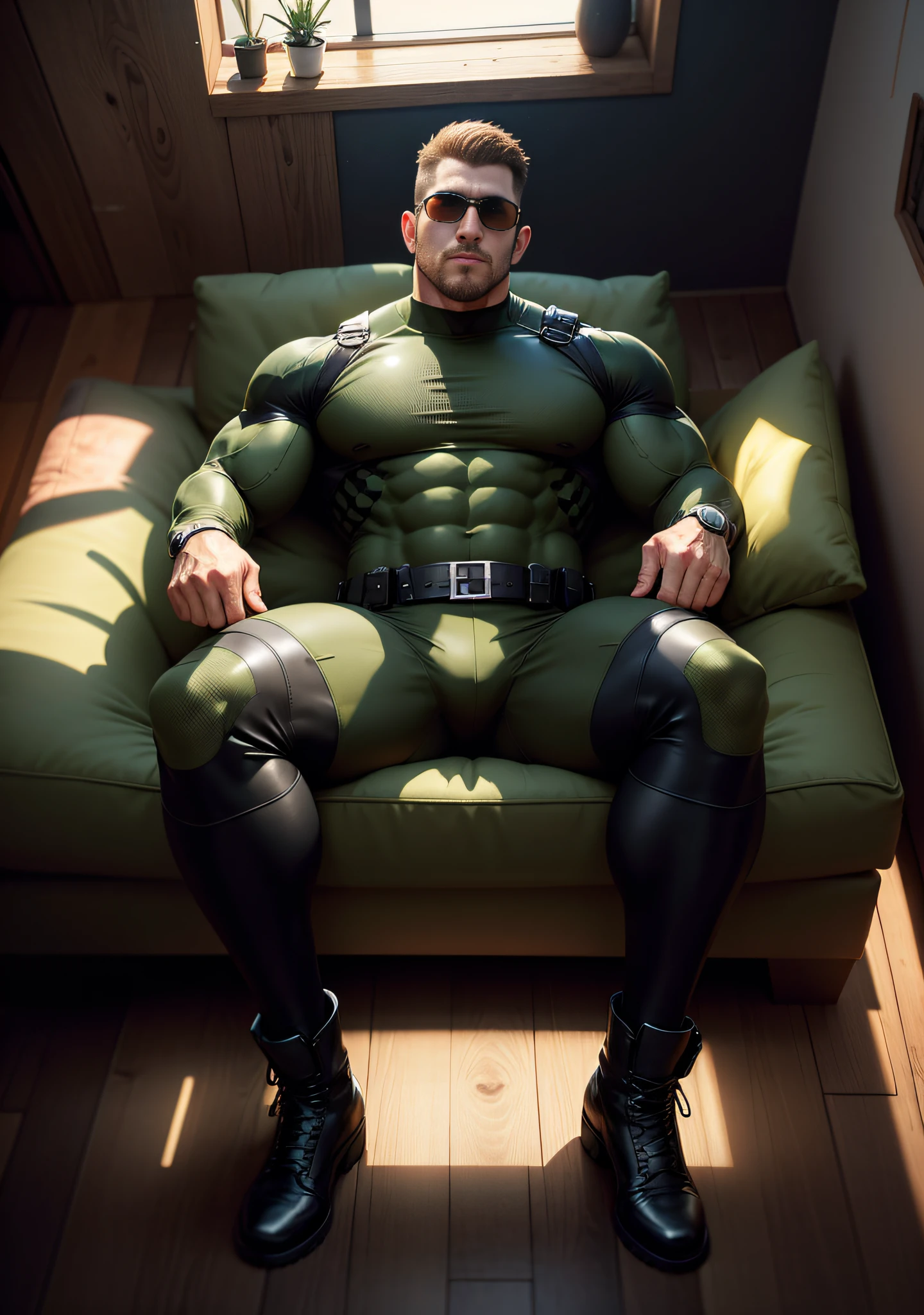 The Arad man in khaki clothes, tightly wrapped in thick tentacles, lies on a sofa stained with khaki Slime, a muscular hero, Buzz Cut, tall and burly, muscular! Wearing black sunglasses, tall and burly, stealth suit, symmetrical patterned texture design tights, super buff and cool, high resolution committee, character design (Resident Evil - Chris Redfield), black military boots, attractive strong man, sunlight shining through the window