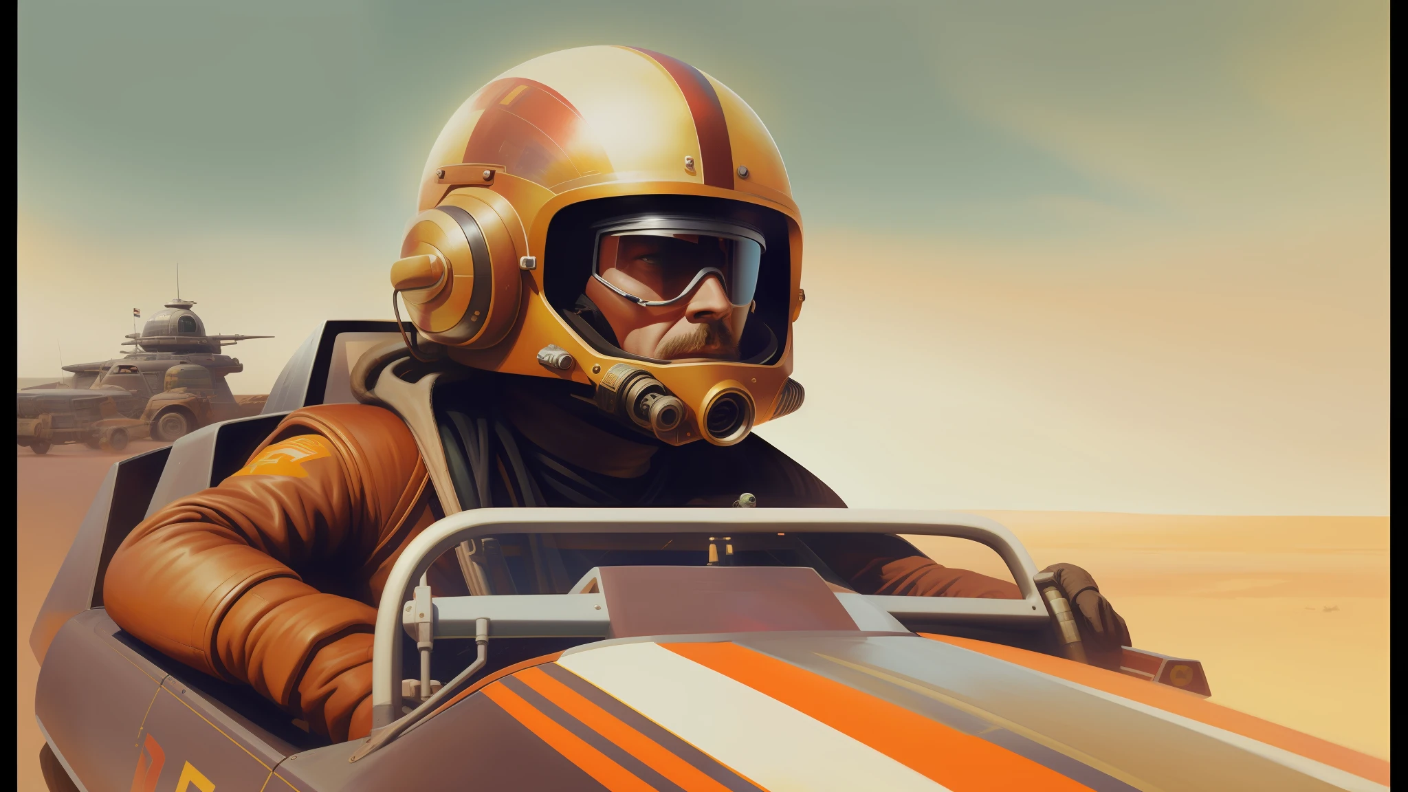 painting of a man in a helmet and goggles driving a race car, still from movie dune, by Ryan Yee, x wing starfighter, trending on artstatioin, style = retro-futurism, winged archer, by Juan Giménez, art colouring : roberto bernardi, by Sam Spratt, agent orange, rendered in gouache painting, mad max, starwars
