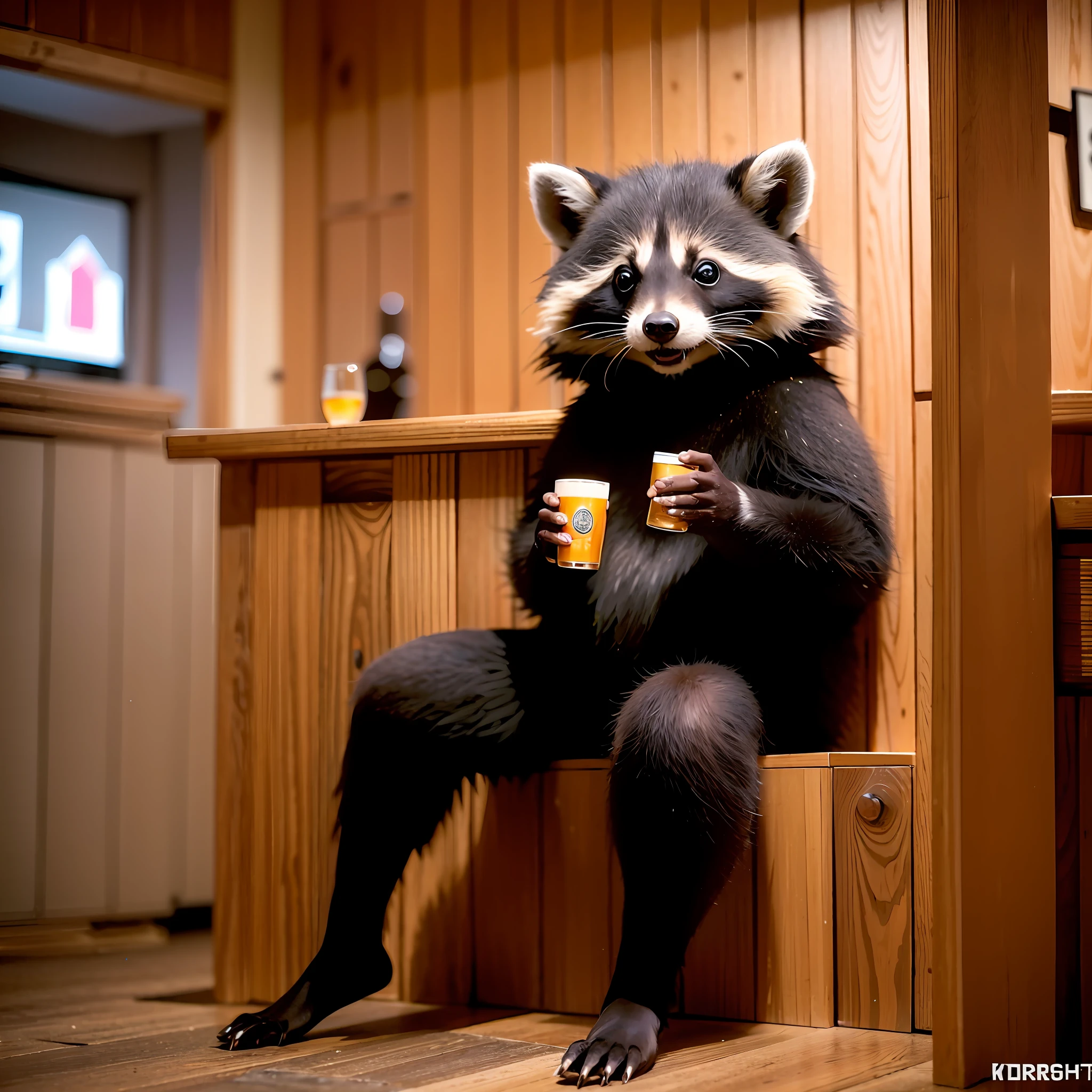 masterpiece, best quality, 8K, colorful, photorealistic, HDR, high detail, wallpaper, raccoon, police uniform, in a pub, drinking beer, hold a cup of beer, warm light, night,