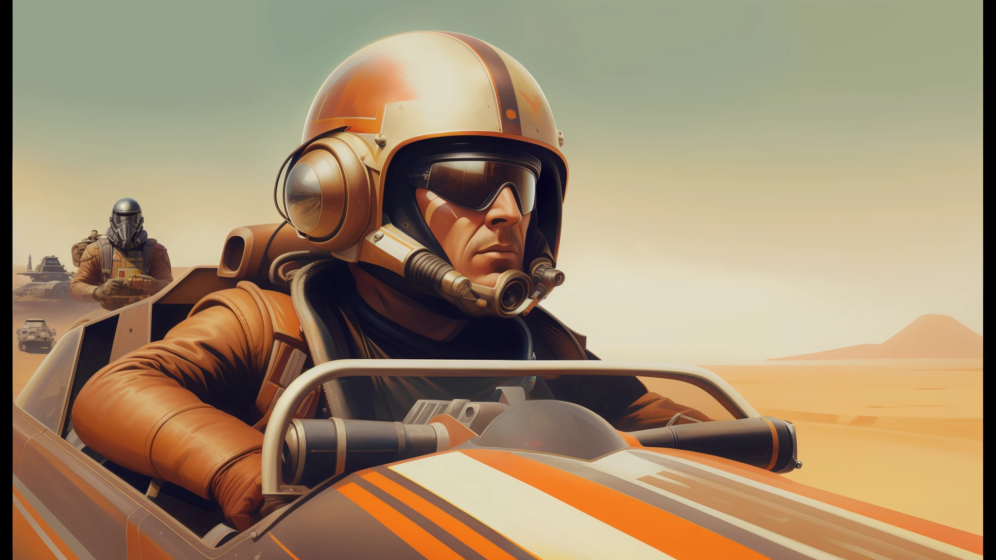 painting of a man in a helmet and goggles driving a race car, still from movie dune, by Ryan Yee, x wing starfighter, trending on artstatioin, style = retro-futurism, winged archer, by Juan Giménez, art colouring : roberto bernardi, by Sam Spratt, agent orange, rendered in gouache painting, mad max, starwars