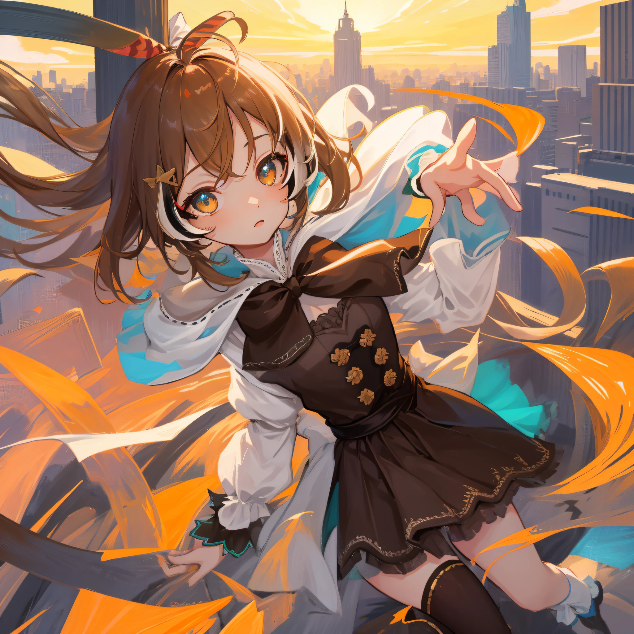 (人物: Nanashi Mumei), (flat color:0.9),(colorful:1.1),(masterpiece:1.2),1girl, solo, {brown hair}, best quality, shiny skin, hyper detailed ultra high res, sunlight, cute, looking at viewer, city, in the city