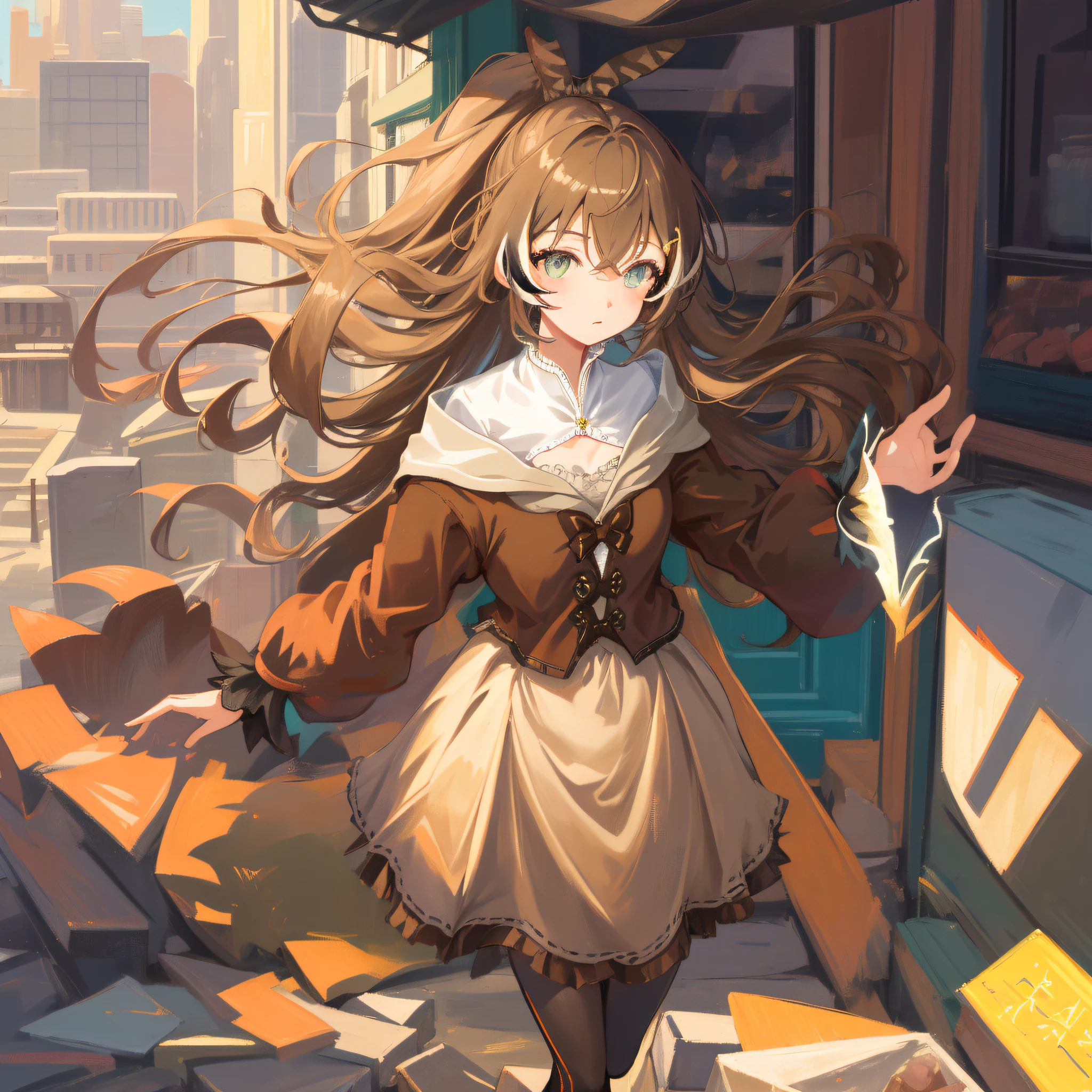 (人物: Nanashi Mumei), (flat color:0.9),(colorful:1.1),(masterpiece:1.2),1girl, solo, {brown hair}, best quality, shiny skin, hyper detailed ultra high res, sunlight, cute, looking at viewer, city, in the city