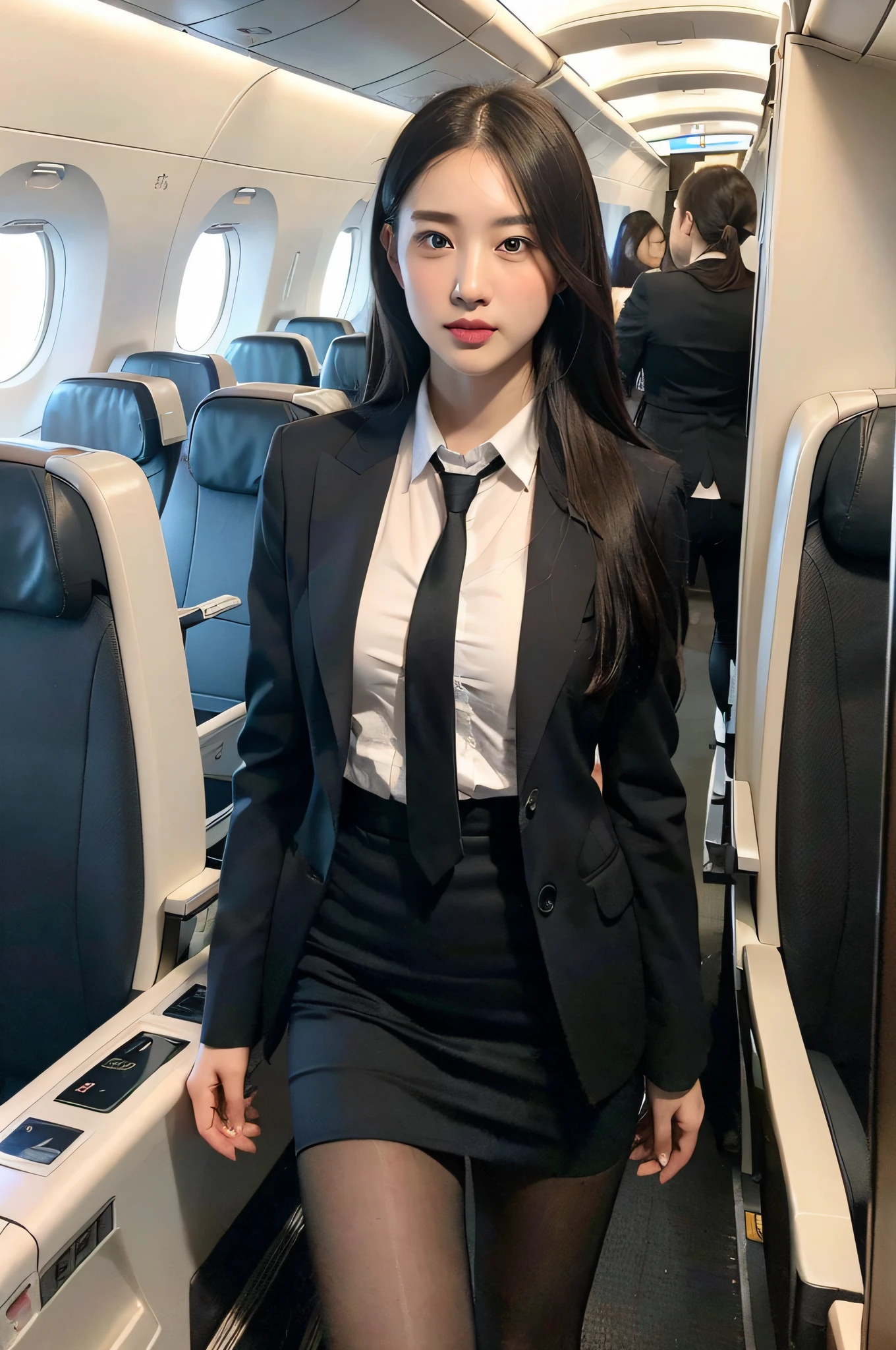 best quality, masterpiece, 8k, ultra high res, (photorealistic:1.4), highly detailed, intricate detail, delicate and beautiful, good lighting, professional lighting, sharp focus, detailed shadows, exquisite details and textures, depth of field, unity 8k wallpaper, cinematic composition, cinematic lighting, official art, Cabin Crew, flight attendant, black pantyhose, (aircraft, (Aircraft Corridor), Aircraft seats) beautiful elegant face, detailed face, detailed eyes, realistic hair, long hair, (1girl), (standing:1.3),