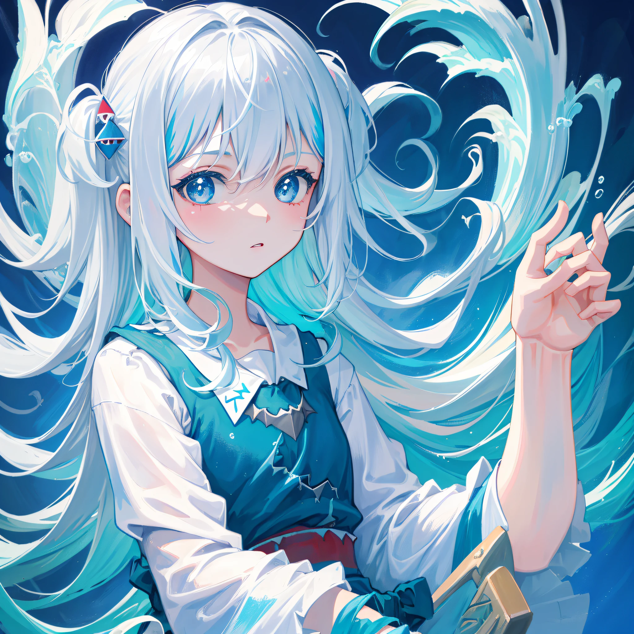 (人物: Gawr Gura),(masterpiece:1.2), 1girl, solo, best quality, shiny skin, hyper detailed ultra high res, in the water, underwater, cute, looking at viewer, extremely detailed wallpaper, close up portrait
