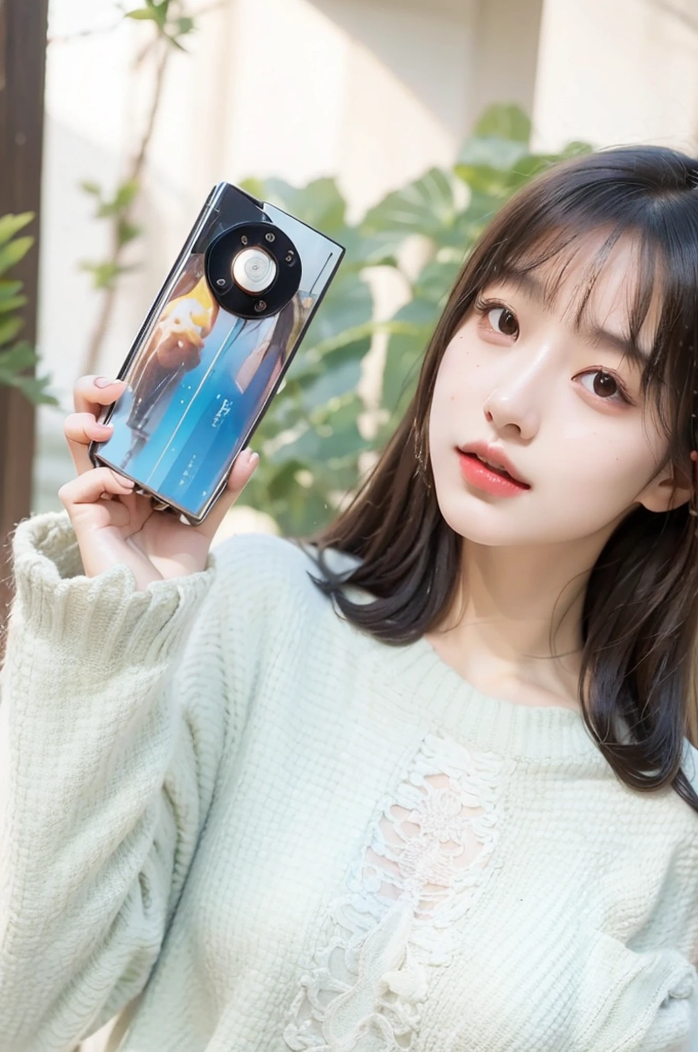 (Best Quality Detail: 1.2), (Realistic: 1.4), Beautiful Woman, Telephone, Sweater, Depth of Field, Large Aperture, Sunlight, Warm Color, Delicate Beautiful and Delicate Face,
