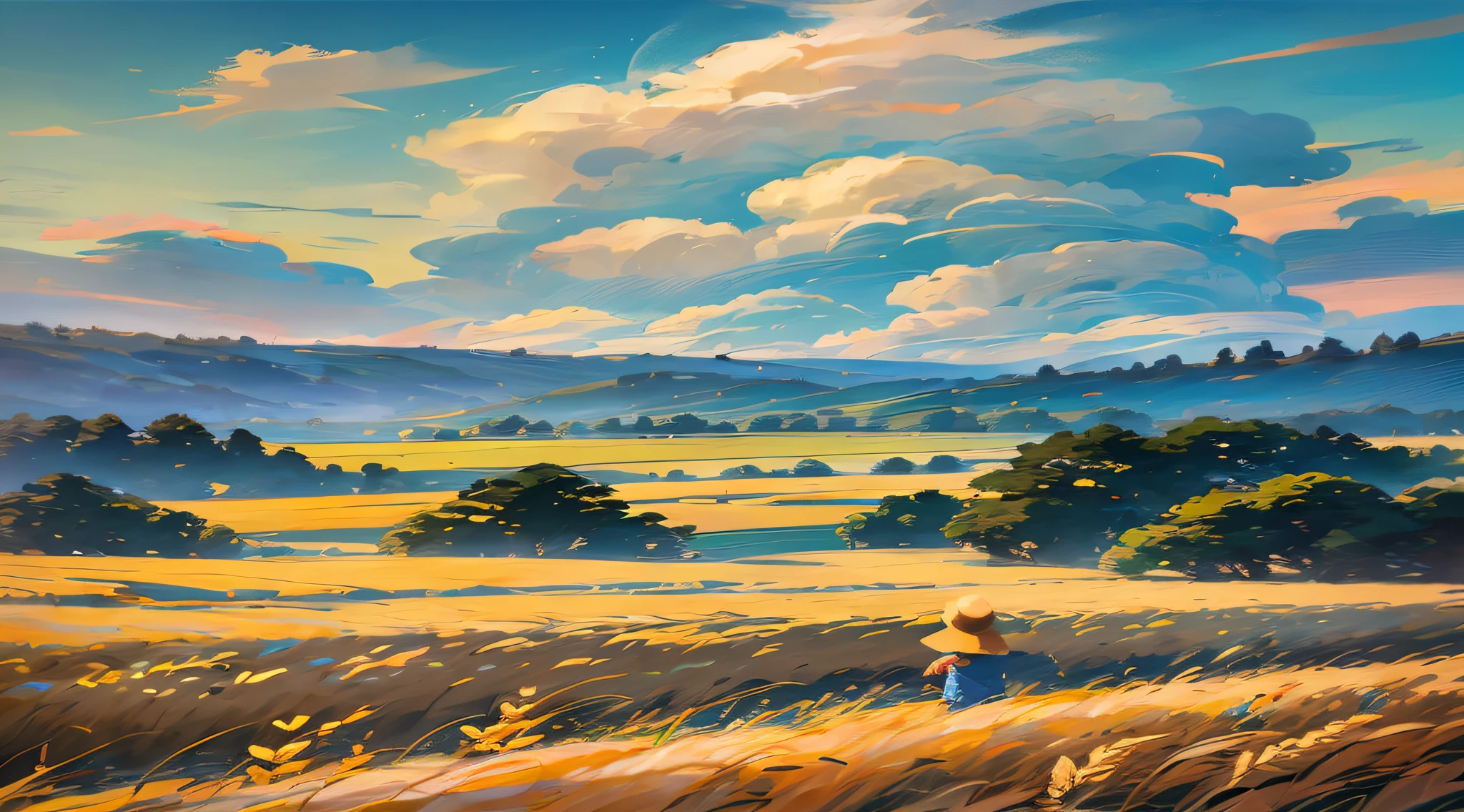 Wheat field, a farmer uncle with a straw hat standing in a wheat field, big clouds, blue sky, rice field, neat rice seedlings in the field, forest, hillside, secluded, rural, HD detail, hyper-detail, cinematic, surrealism, soft light, deep field focus bokeh, ray tracing and surrealism. --v6
