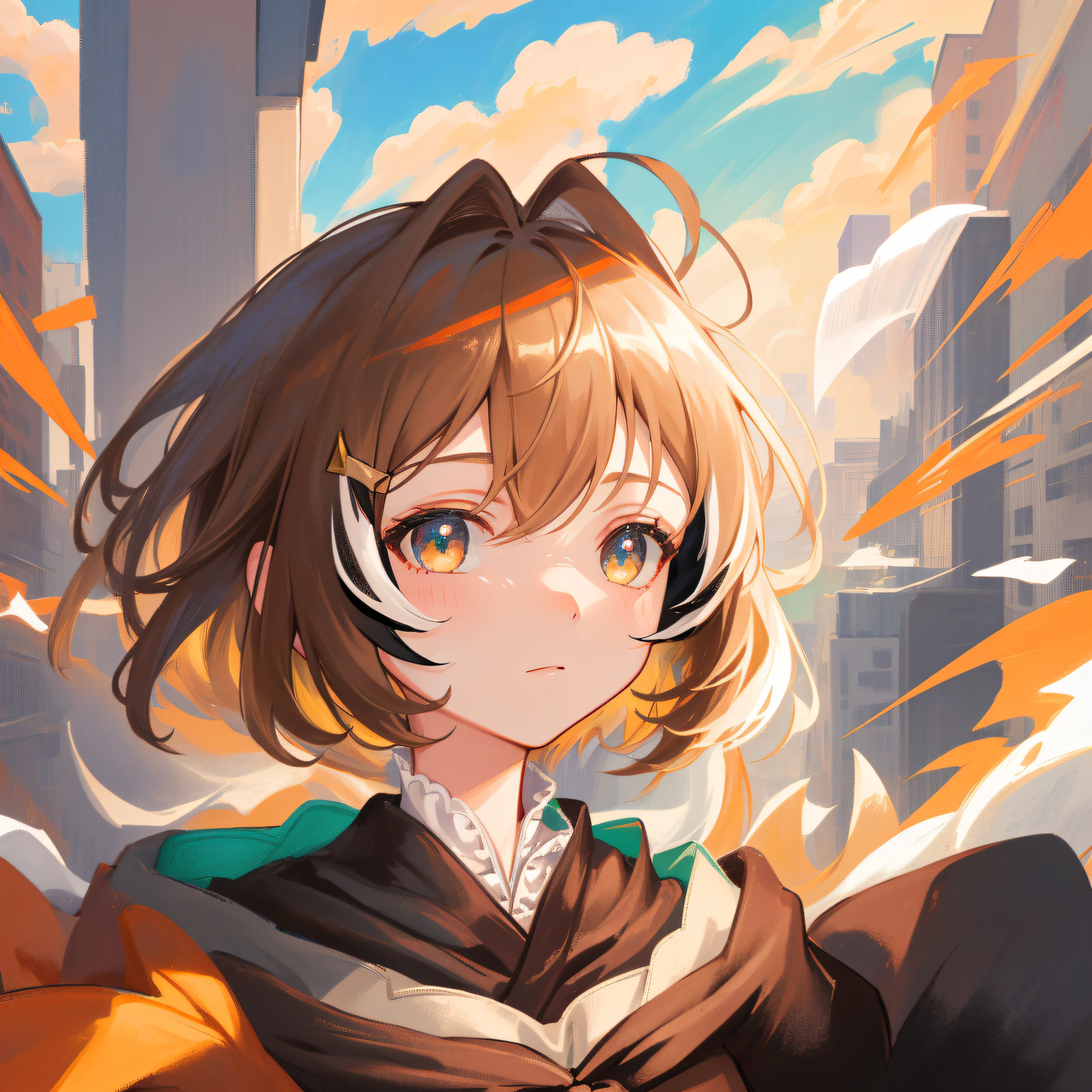 (人物: Nanashi Mumei), (flat color:0.9),(colorful:1.1),(masterpiece:1.2),1girl, solo, {brown hair}, best quality, shiny skin, hyper detailed ultra high res, sunlight, cute, looking at viewer, city, in the city, close up portrait