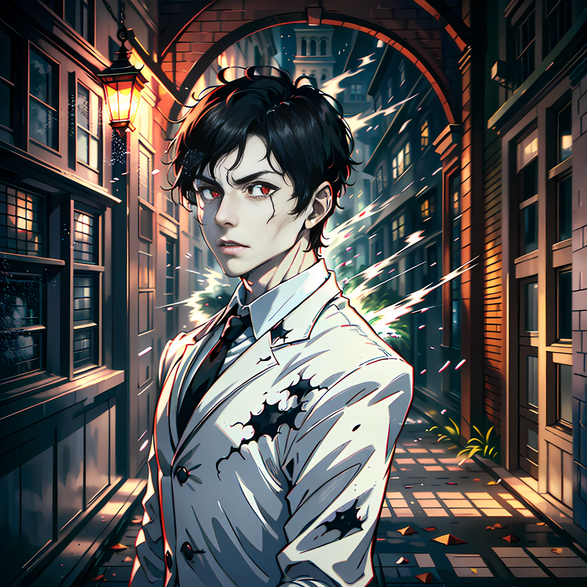 Night, night, a handsome boy, frontal, red eyes, about to turn into a zombie, short black hair, white suit, surprised, scared, small courtyard, highly real, energy flow, 4K, dark light, chiaroscuro, super high detail