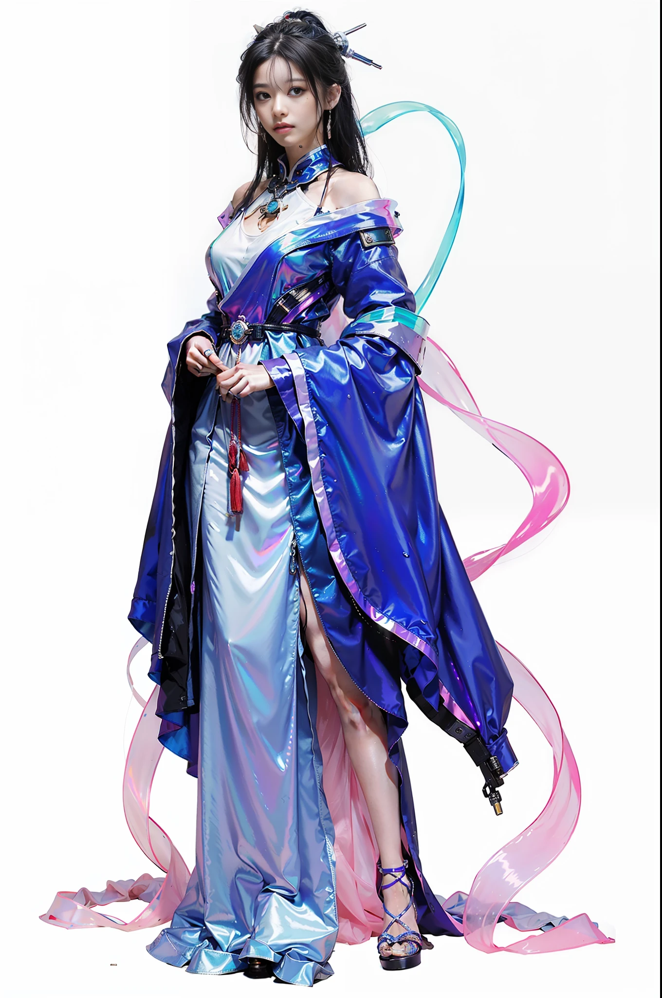 Best Quality, Ultra Detailed, Realistic, Robot, 1 Liu Mengli, Slim Body, Handheld Glow, Futuristic Cyberpunk Night City, Futuristic Tech Fusion Costumes, Cyberpunk City Guard, Long Hair, (City Guardian: 1.2), Gacha Splash, (Harsh City Environment: 1.3), (Determination and Bravery: 1.2), Masterpiece, Cyberpunk Style with Chinese Influence, Headband, Car Accident, Night, Rain, Puddles, Cyberpunk Lights, , Extreme Details,,, (Long hair: 1.3), (Rainbow holographic clothing: 1.1)