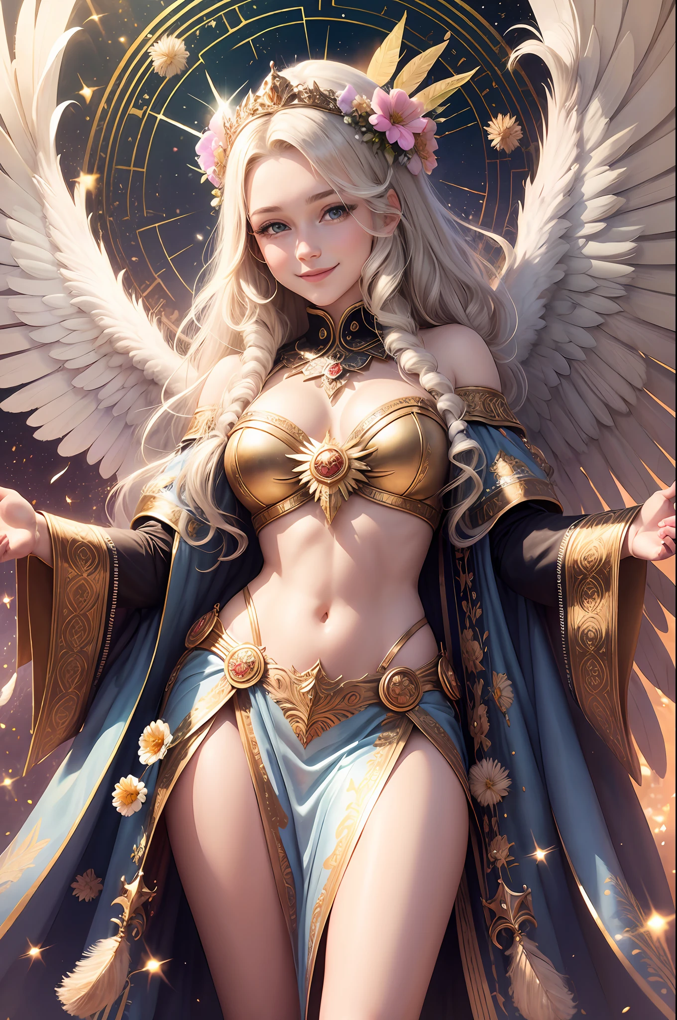 Caucasian, always with angels, security, security, happiness, radiance, light, fantastic, flower, rainbow, glitter, smile, feather, heaven, heaven, medieval --auto --s2
