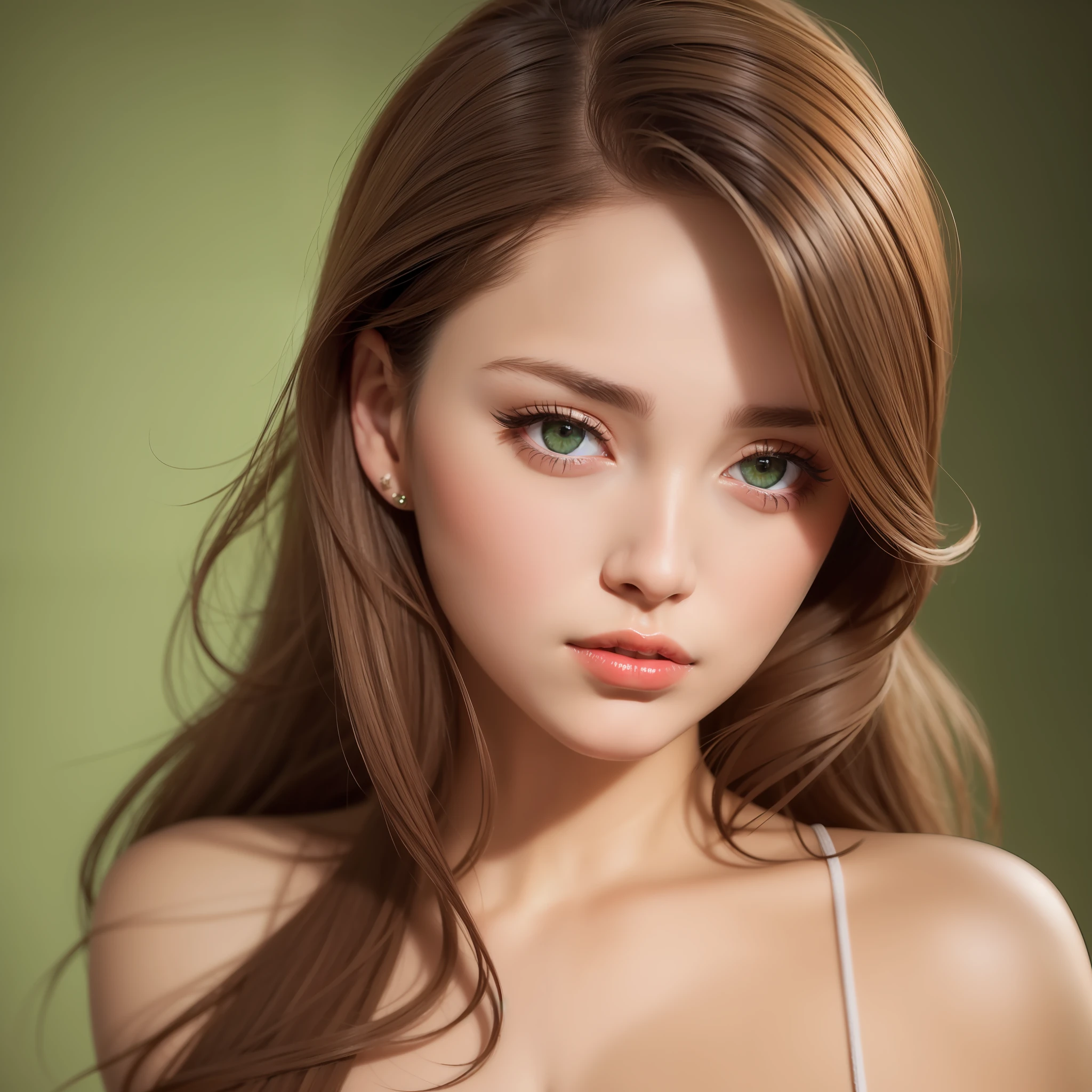 Portrait of a beautiful woman with brown hair.  She has green eyes, long eyelashes and red lips. Your skin is perfect. Very smooth skin. Photorealistic, hyperdetailed. High quality. 8k