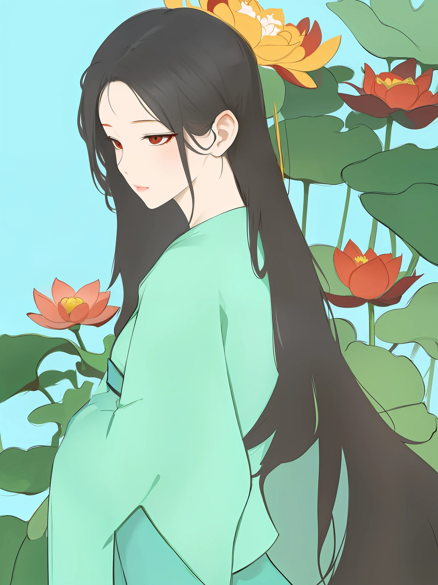 There is a woman standing in front of a flower with flowing hair and robes, a girl in Hanfu, standing gracefully on a lotus, Chinese Art Nouveau style anime, inspired by Lu Zhi, Lofei girl, serene illustration, flat color, Loepfe art style, pastel anime illustration, inspired by Ma Yuanyu