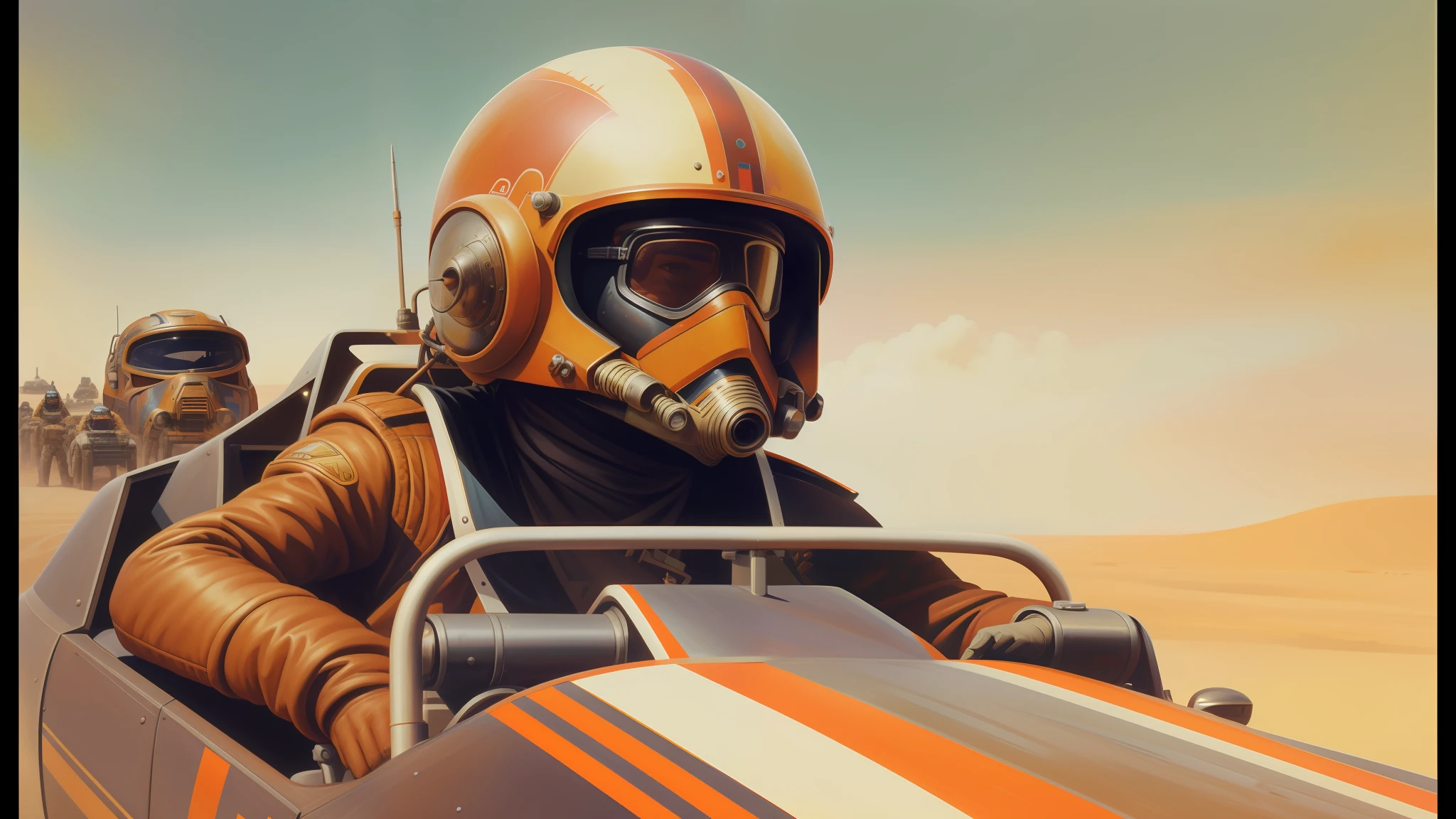 painting of a man in a helmet and goggles driving a race car, still from movie dune, by Ryan Yee, x wing starfighter, trending on artstatioin, style = retro-futurism, winged archer, by Juan Giménez, art colouring : roberto bernardi, by Sam Spratt, agent orange, rendered in gouache painting, mad max, starwars