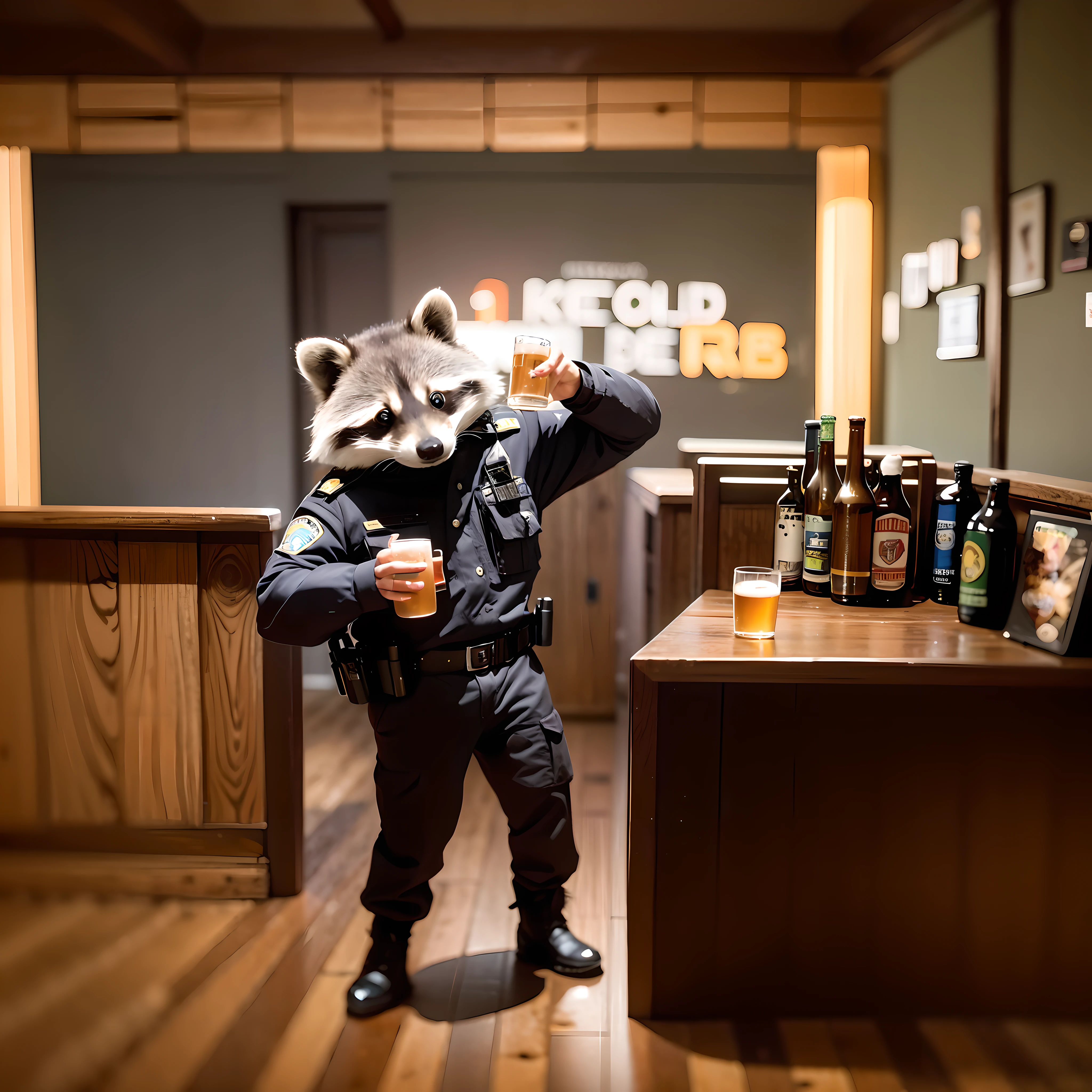 masterpiece, best quality, 8K, colorful, photorealistic, HDR, high detail, wallpaper, raccoon, police uniform, in a pub, drinking beer, hold a cup of beer, warm light, night,