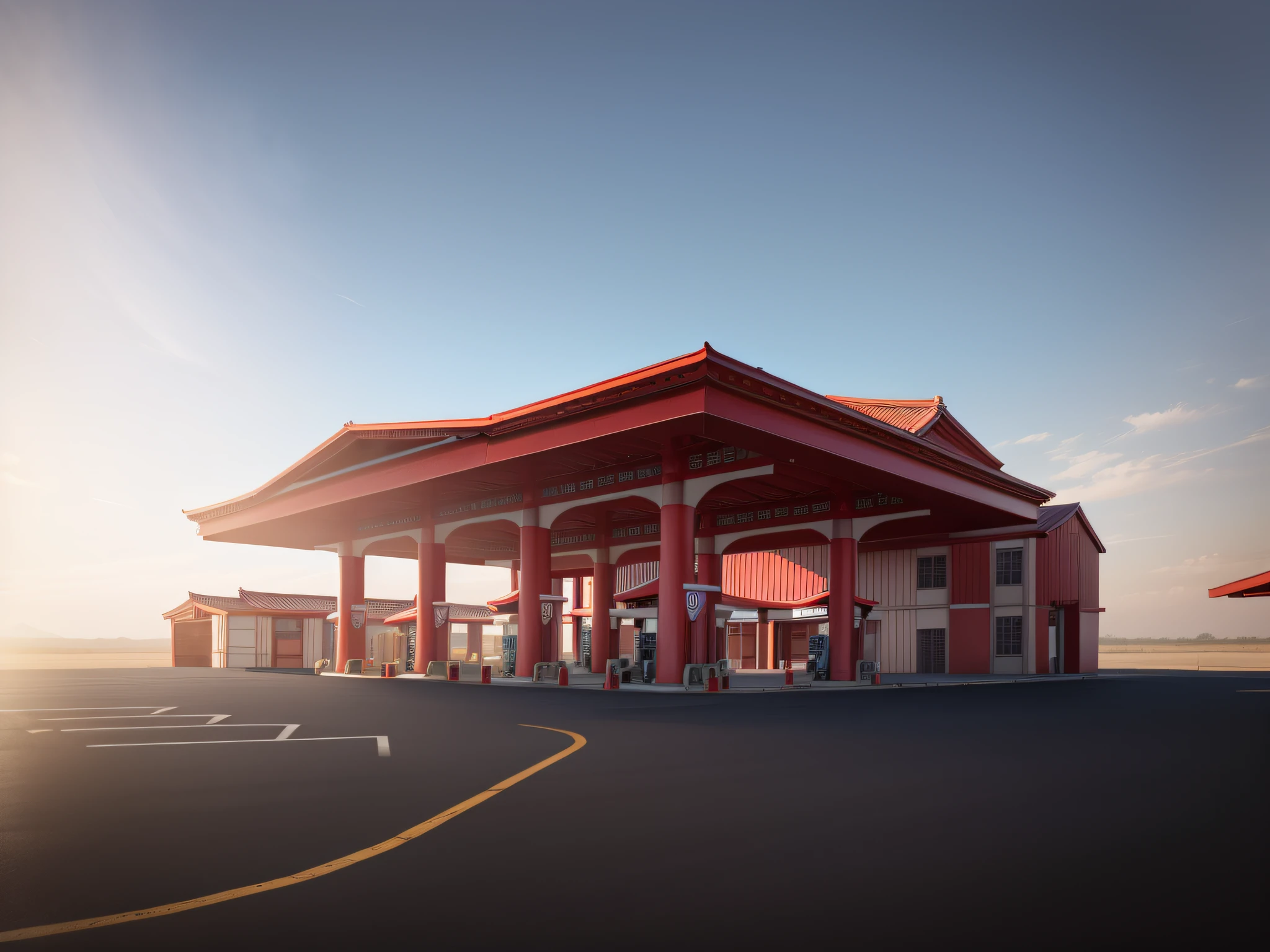 Masterpiece, gas station, canopy, pillar, new Chinese style, red canopy, sunny, clear, extreme detail, noon, 4k