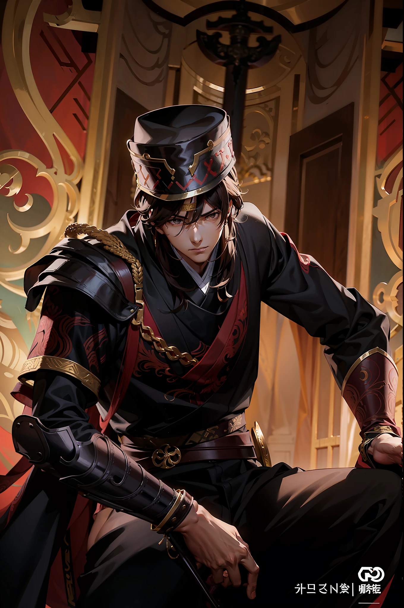 Excellent, masterpiece, full body picture, handsome boy, one meter eight, golden ratio, long legs, narrow waist, brown hair, handsome, red Hanfu wrapped figure, son of heaven, big sword, iron bucket hat