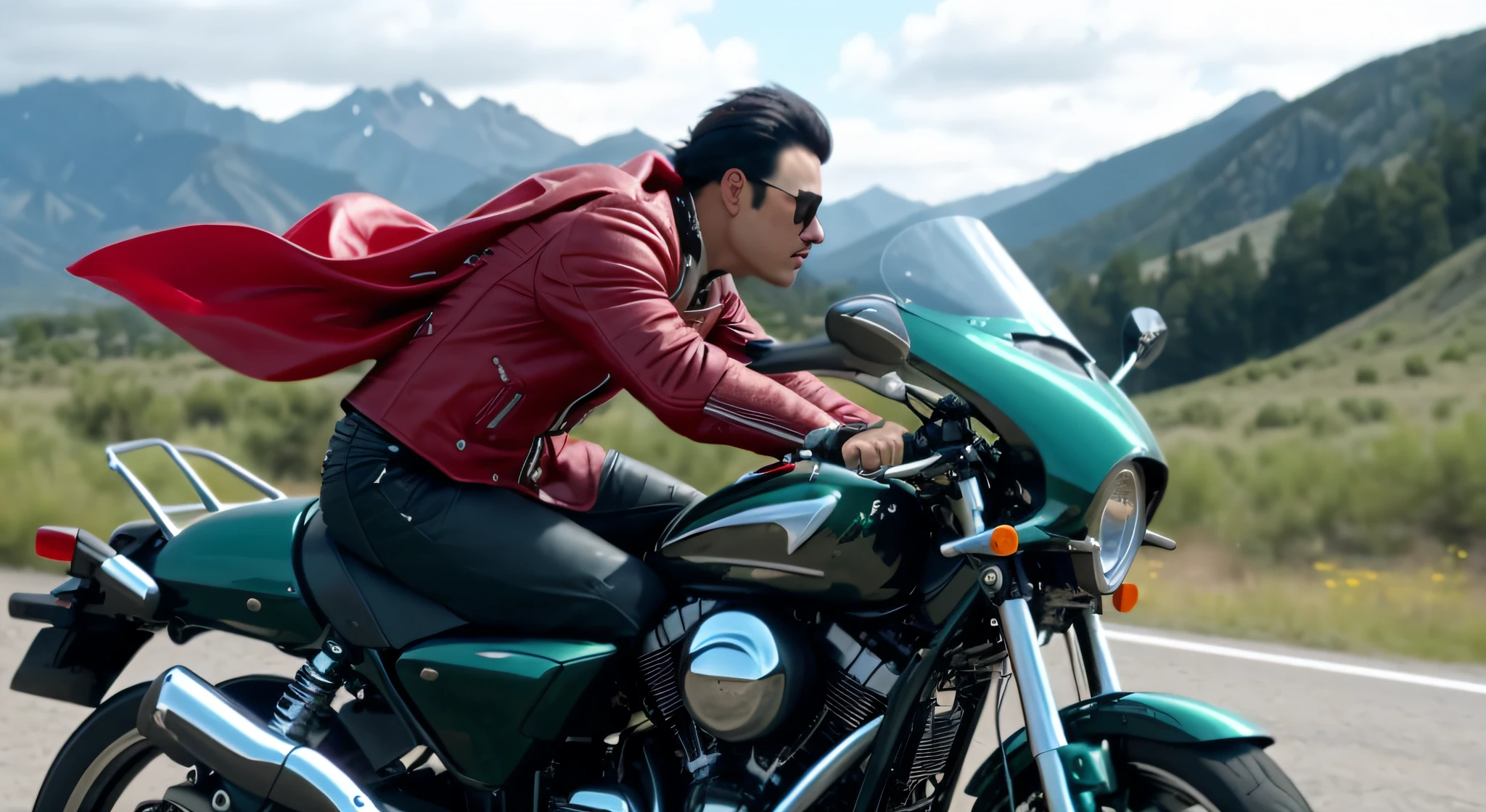 araffe riding a motorcycle on a road with mountains in the background, still from a live action movie, akira moto, scene from live action movie, hero, movie promotional image, style of akira motion movie, 19xx :2 akira movie style : 8, 🕹️ 😎 🔫 🤖 🚬, picture of a male biker, moviestill, riding a motorcycle
