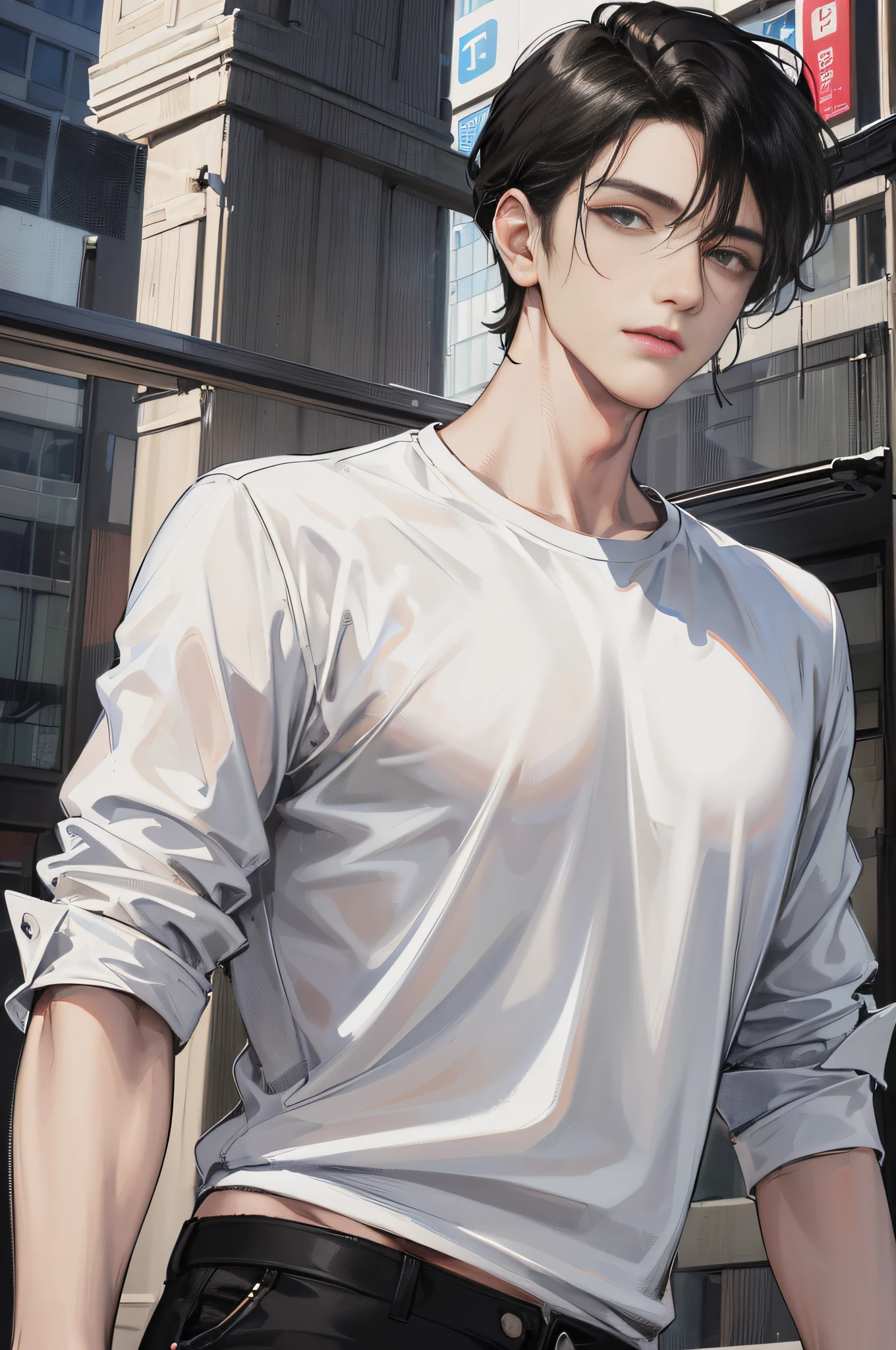 (highest resolution, distinct_image), best picture quality, male god masterpiece, high detail, semi-realistic, short black hair, black hair, bangs, 18 years old, mature, young, urban elite, tall, white shirt, black pants, solid color background, cold, tall handsome, authoritative, powerful, delicate facial features, exquisite facial features