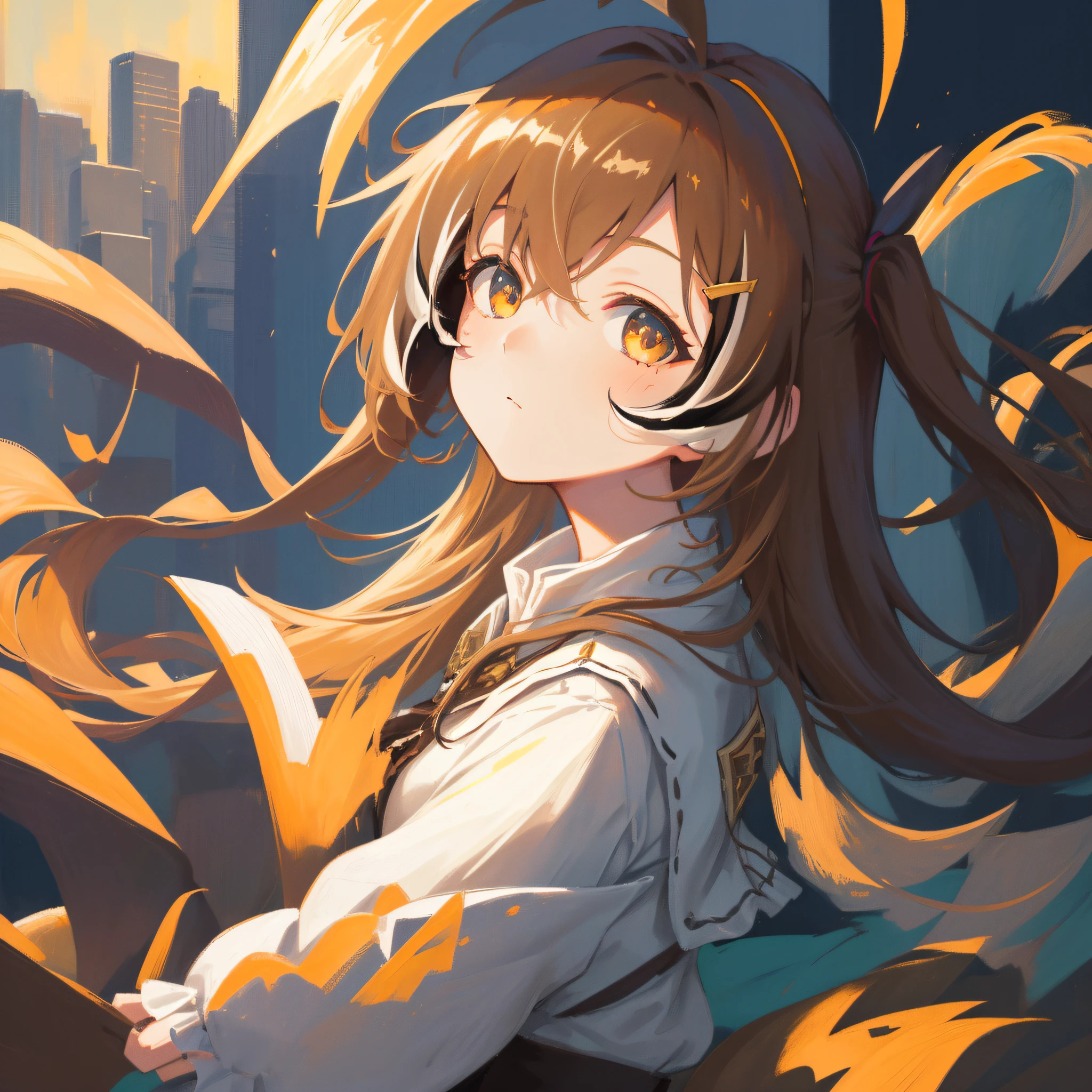 (人物: Nanashi Mumei), (flat color:0.9),(colorful:1.1),(masterpiece:1.2),1girl, solo, {brown hair}, best quality, shiny skin, hyper detailed ultra high res, sunlight, cute, looking at viewer, close up portrait, ruin, city