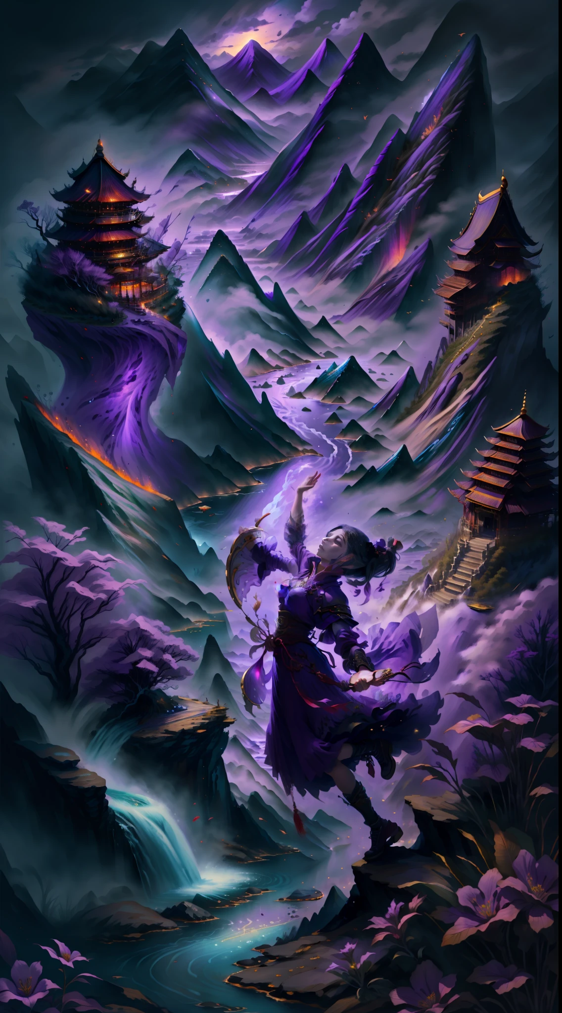 8K, complex, elegant, highly detailed, Chinese fairy wind mountain view, Xiuxian sect architecture, Chinese Tang Dynasty style, sword fairy flying in the sky, mountains full of purple-red mountain flowers, the water of the great river comes up from the sky, CG society competition winner, fantasy art,