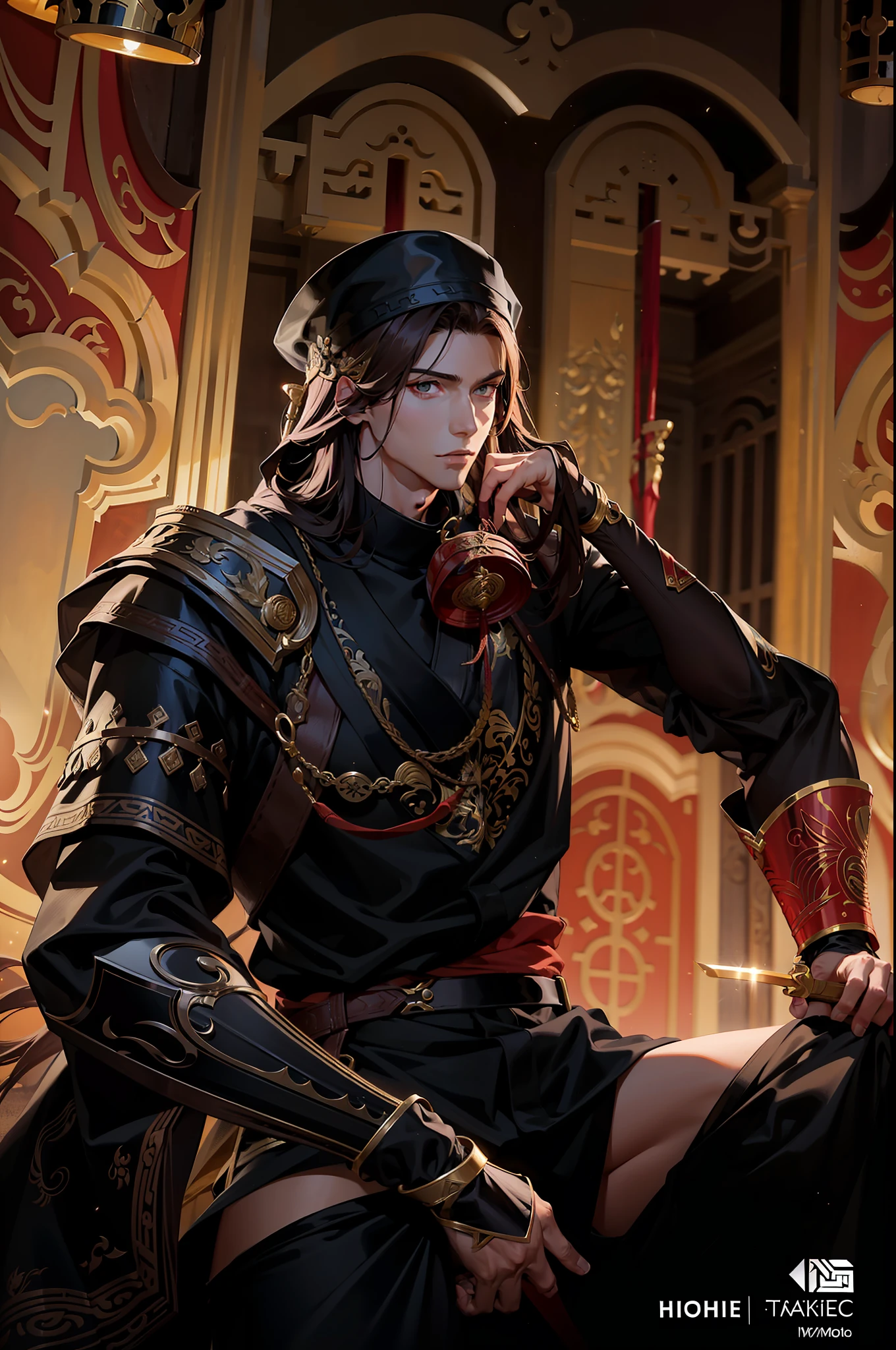 Excellent, masterpiece, full body picture, handsome boy, one meter eight, golden ratio, long legs, narrow waist, brown hair, handsome, red Hanfu wrapped figure, son of heaven, big sword, iron bucket hat