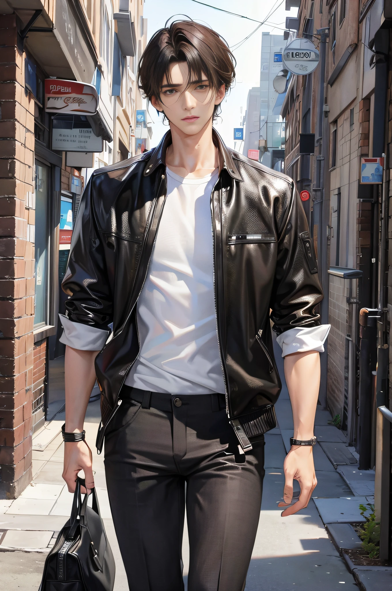 (highest resolution, distinct_image), brown pupils, brown eyes, best picture quality, male god masterpiece, high detail, semi-realistic, short black hair, black hair, bangs, 18 years old, mature, young, urban elite, tall, white shirt, black pants, solid color background, cold, tall handsome, authoritative, powerful, delicate facial features, delicate facial features