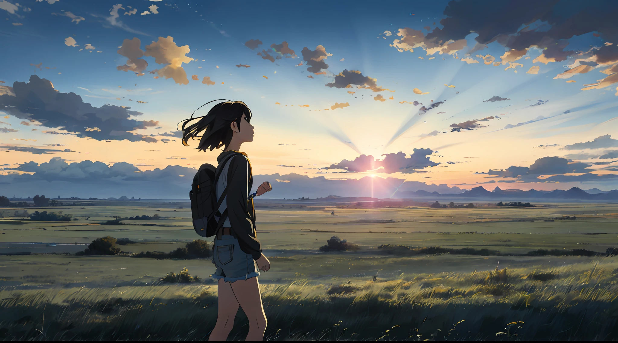 The vast sky, beautiful skyline, large grasslands, extremely tense and dramatic pictures, moving visual effects, high hanging Polaris, colorful natural glare. A girl in a long-sleeved top and denim shorts with a side backpack
