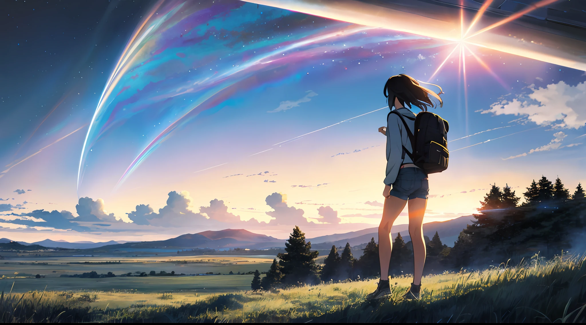 The vast sky, beautiful skyline, large grasslands, extremely tense and dramatic pictures, moving visual effects, high hanging Polaris, colorful natural glare. A girl in a long-sleeved top and denim shorts with a side backpack
