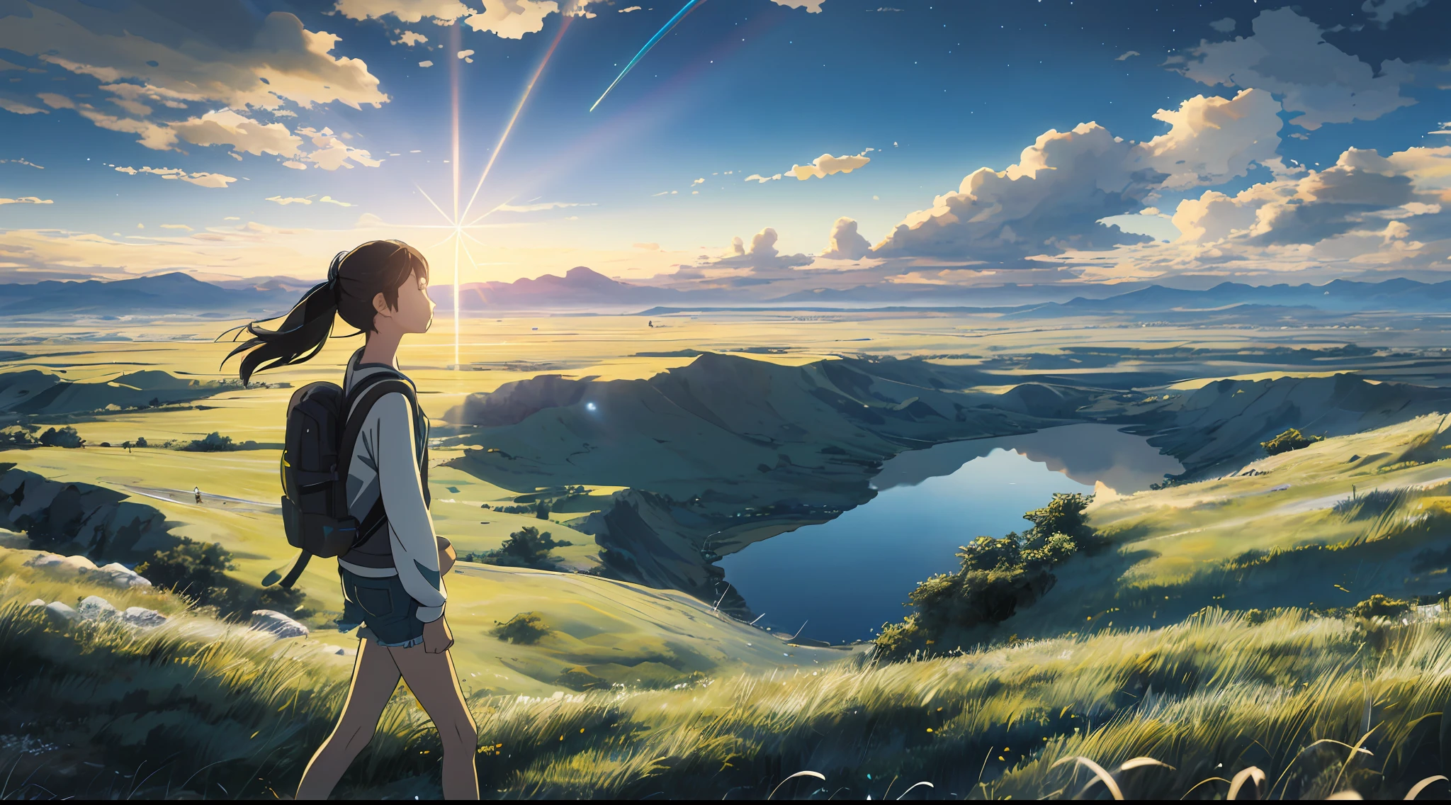 The vast sky, beautiful skyline, large grasslands, extremely tense and dramatic pictures, moving visual effects, high hanging Polaris, colorful natural glare. A girl in a long-sleeved top and denim shorts with a side backpack