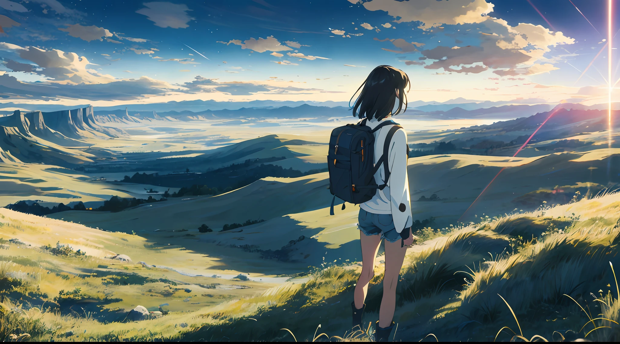 The vast sky, beautiful skyline, large grasslands, extremely tense and dramatic pictures, moving visual effects, high hanging Polaris, colorful natural glare. A girl in a long-sleeved top and denim shorts with a side backpack