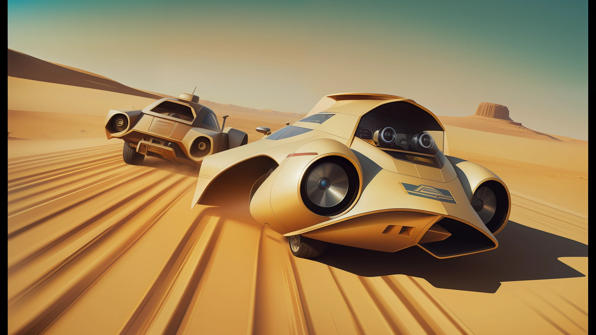 there are two cars that are driving in the desert, inspired by Stephan Martiniere, star ships, retro 1 9 6 0 s sci - fi art, race, star wars digital art, hyperrealistic sparrows, astrolabe, toonami, speeder, boris vallejo artstyle, panoramic anamorphic, wipeout 2 0 4 8, trending on deviantarthq