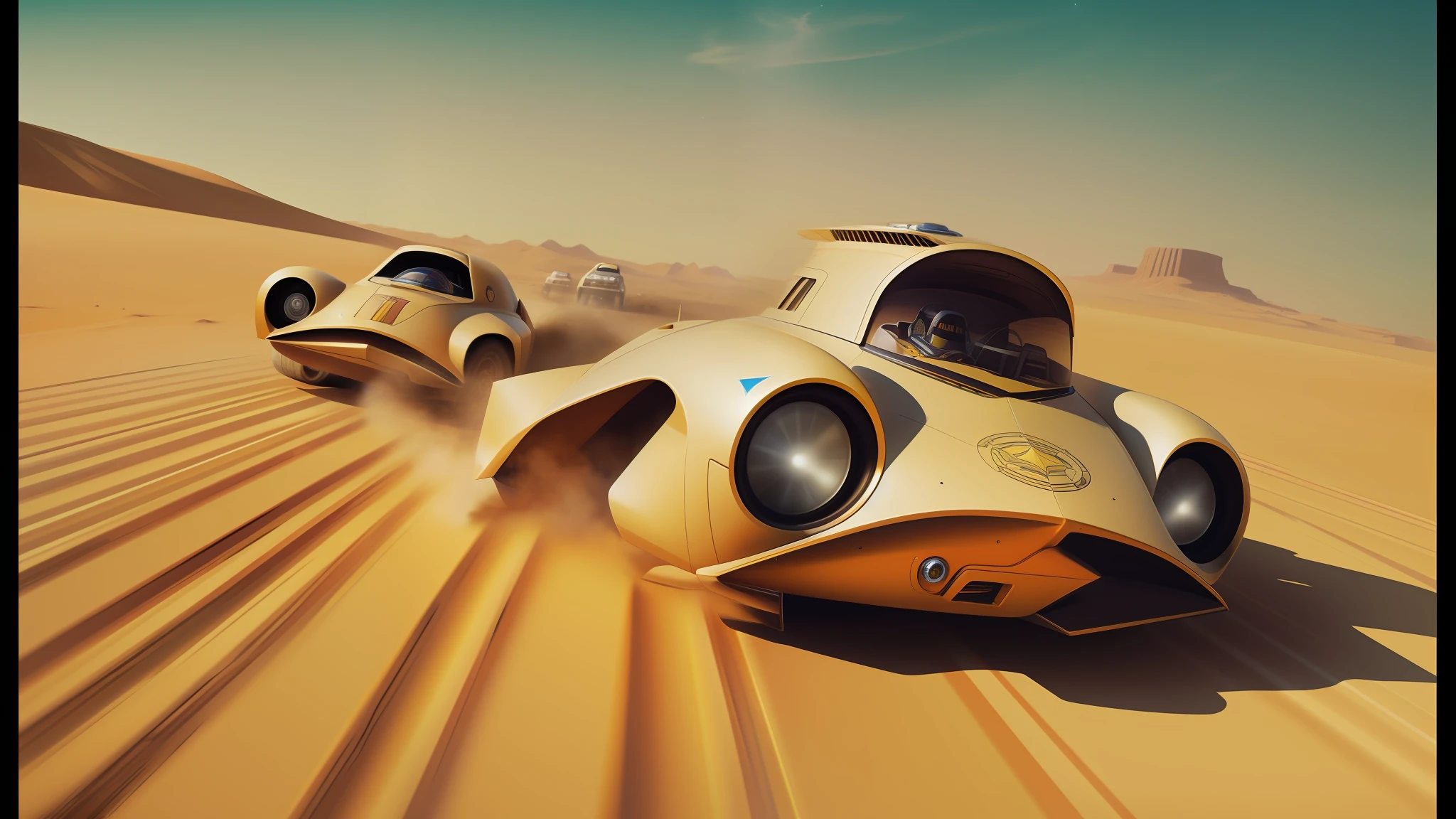 there are two cars that are driving in the desert, inspired by Stephan Martiniere, star ships, retro 1 9 6 0 s sci - fi art, race, star wars digital art, hyperrealistic sparrows, astrolabe, toonami, speeder, boris vallejo artstyle, panoramic anamorphic, wipeout 2 0 4 8, trending on deviantarthq