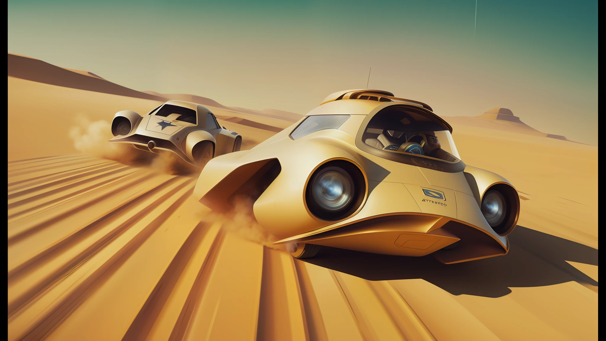 there are two cars that are driving in the desert, inspired by Stephan Martiniere, star ships, retro 1 9 6 0 s sci - fi art, race, star wars digital art, hyperrealistic sparrows, astrolabe, toonami, speeder, boris vallejo artstyle, panoramic anamorphic, wipeout 2 0 4 8, trending on deviantarthq