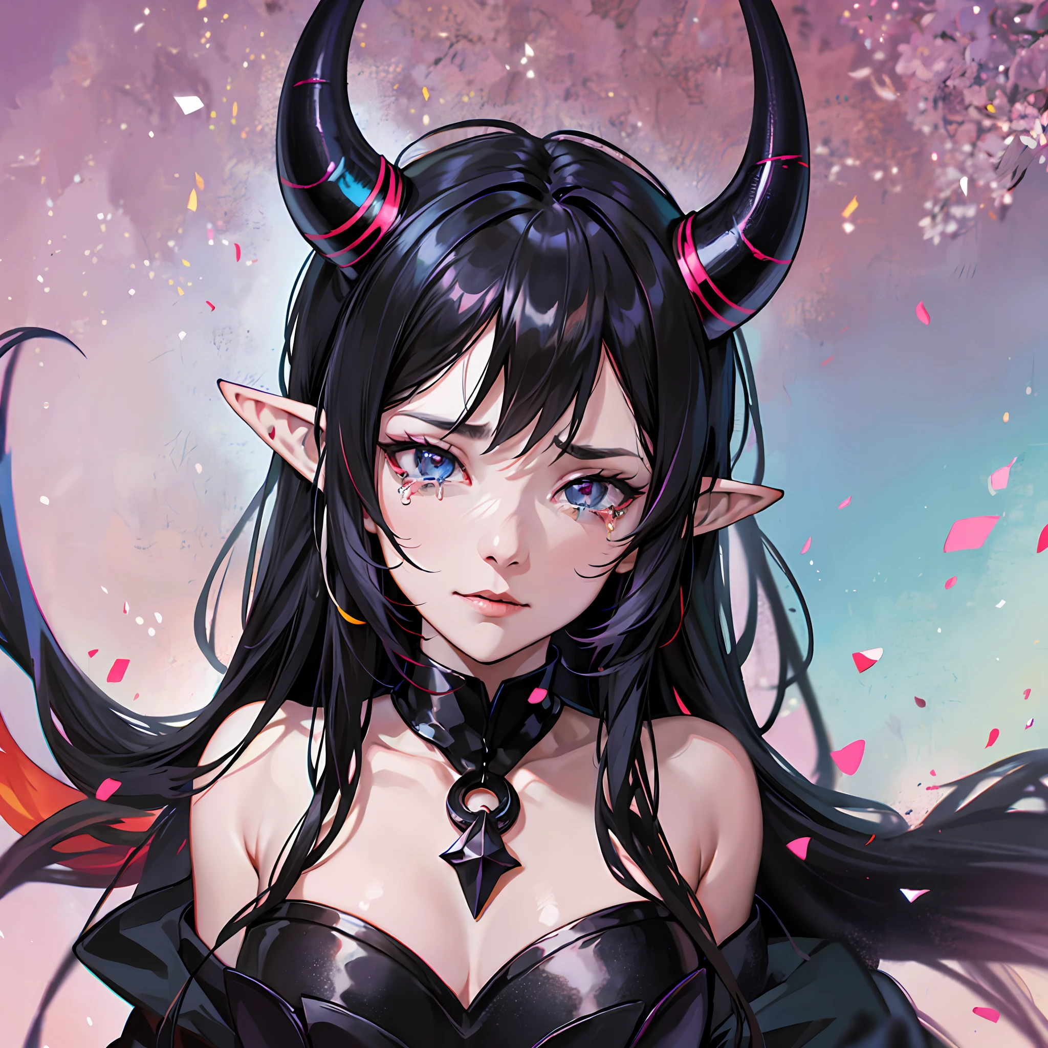 black hair, multicolored hair, demon horns, streaming tears, pointy ears, naughty, Surrealism, anime, anime, anime, anime, anime, anime, depth of field, chromatic aberration, 8k, super detail, 4K --auto --s2