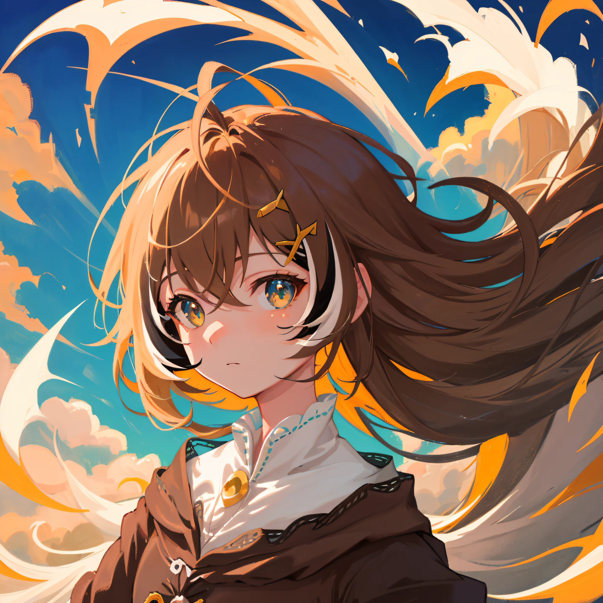 (人物: Nanashi Mumei), (flat color:0.9),(colorful:1.1),(masterpiece:1.2),1girl, solo, {brown hair}, best quality, shiny skin, hyper detailed ultra high res, sunlight, cute, looking at viewer, close up portrait, ruin