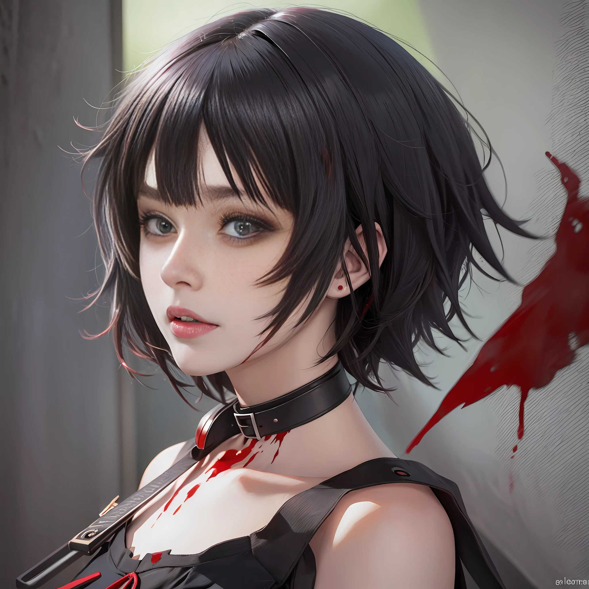 The knife is stuck in the neck of an anime girl with short black hair and blood