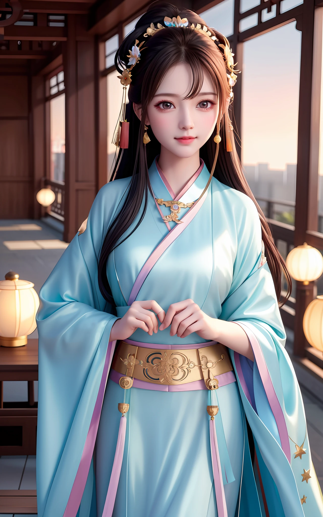 best quality, masterpiece, highres, 1girl,blush,(seductive smile:0.8),star-shaped pupils,china hanfu,hair ornament,necklace, jewelry,Beautiful face,upon_body, tyndall effect,photorealistic, dark studio, rim lighting, two tone lighting,(high detailed skin:1.2), 8k uhd, dslr, soft lighting, high quality, volumetric lighting, candid, Photograph, high resolution, 4k, 8k, Bokeh