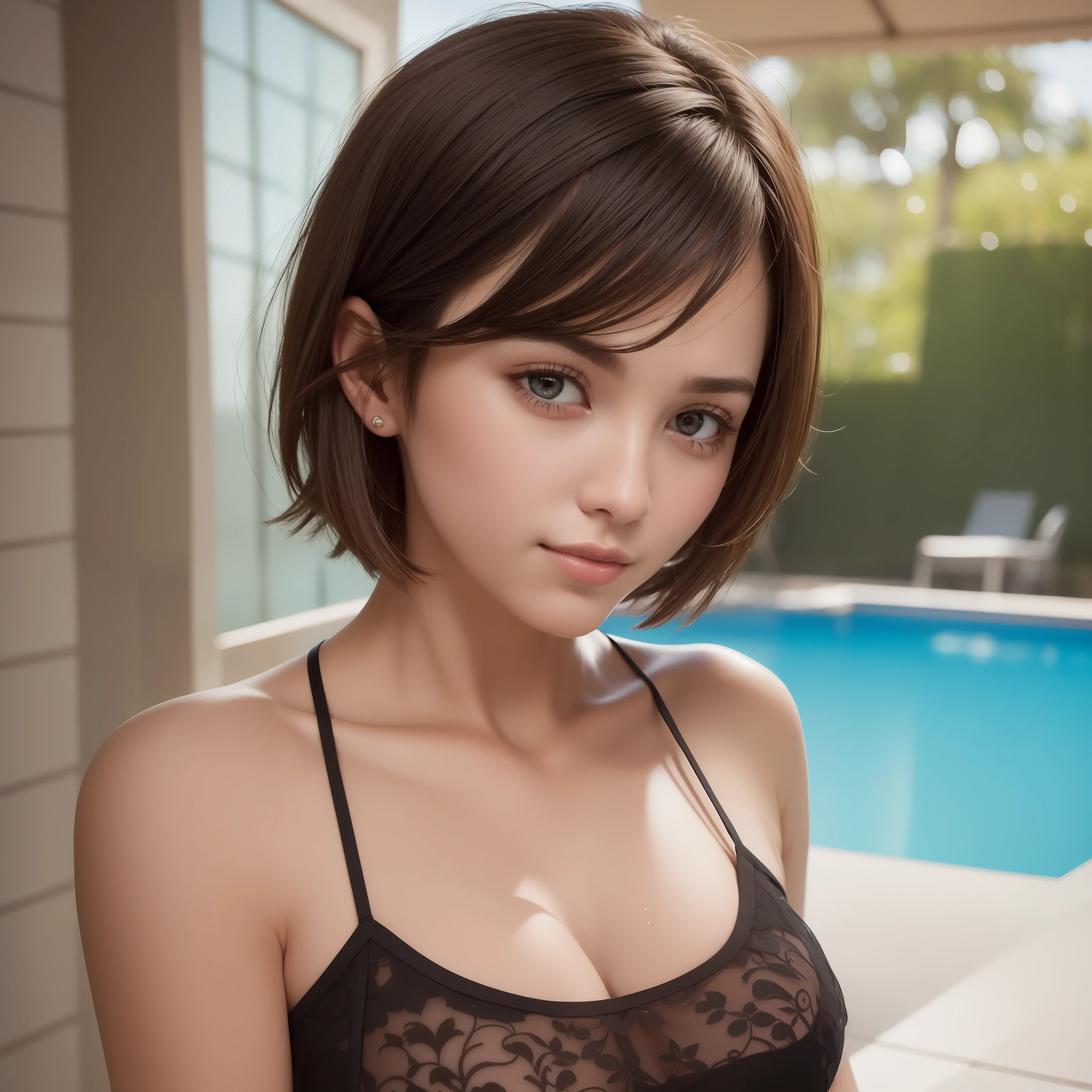 ((Top Quality, 8k, Masterpiece: 1.3)), Beautiful Girl, Woman, Big: 1.3, Slender Figure: 1.1, Perfect Style, Soft Skin, White Skin, Happy Smile, Dark Brown Hair, (Pool, Wet Body, Wear: 1.1), Ultra Detailed Face, Detailed Lips, Detailed Eyes, Double Eyelids, Layer Cut Hair, Short Hair, Photo