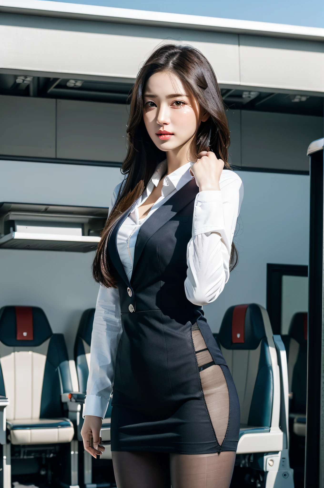 best quality, masterpiece, 8k, ultra high res, (photorealistic:1.4), highly detailed, intricate detail, delicate and beautiful, good lighting, professional lighting, sharp focus, detailed shadows, exquisite details and textures, depth of field, unity 8k wallpaper, cinematic composition, cinematic lighting, official art, Cabin Crew, flight attendant, black pantyhose, (aircraft, (Aircraft Corridor), Aircraft seats) beautiful elegant face, detailed face, detailed eyes, realistic hair, long hair, (1girl), (standing:1.3),