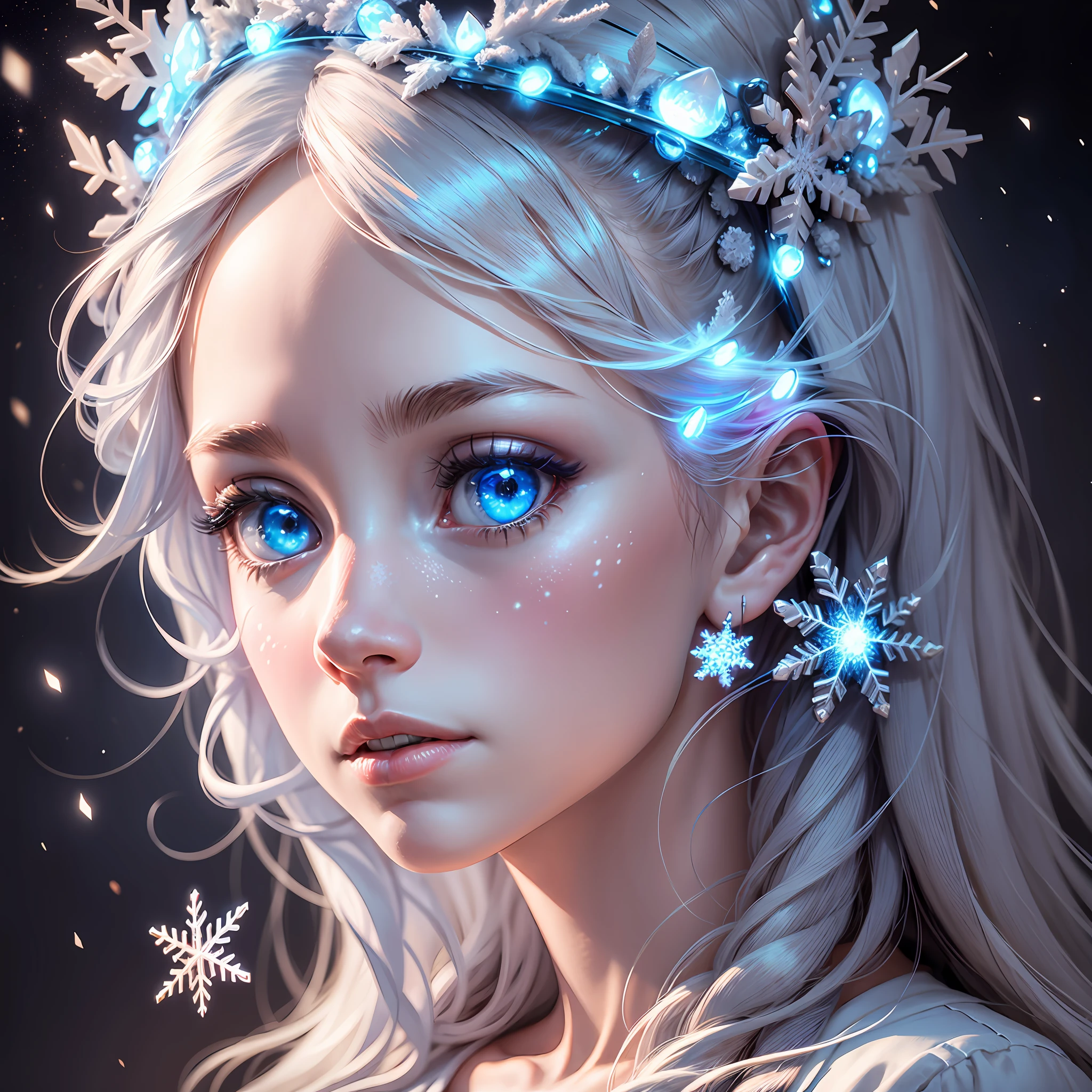 realistic portrait human brain, illuminated by a ray of light, on a dark background, with snowflakes. Use cool, contrasting colors to create a sense of mystery and curiosity. The brain must be realistic and detailed, showing its different parts and cognitive functions. The ray of light must come from above, suggesting a higher source of wisdom or inspiration. --auto --s2