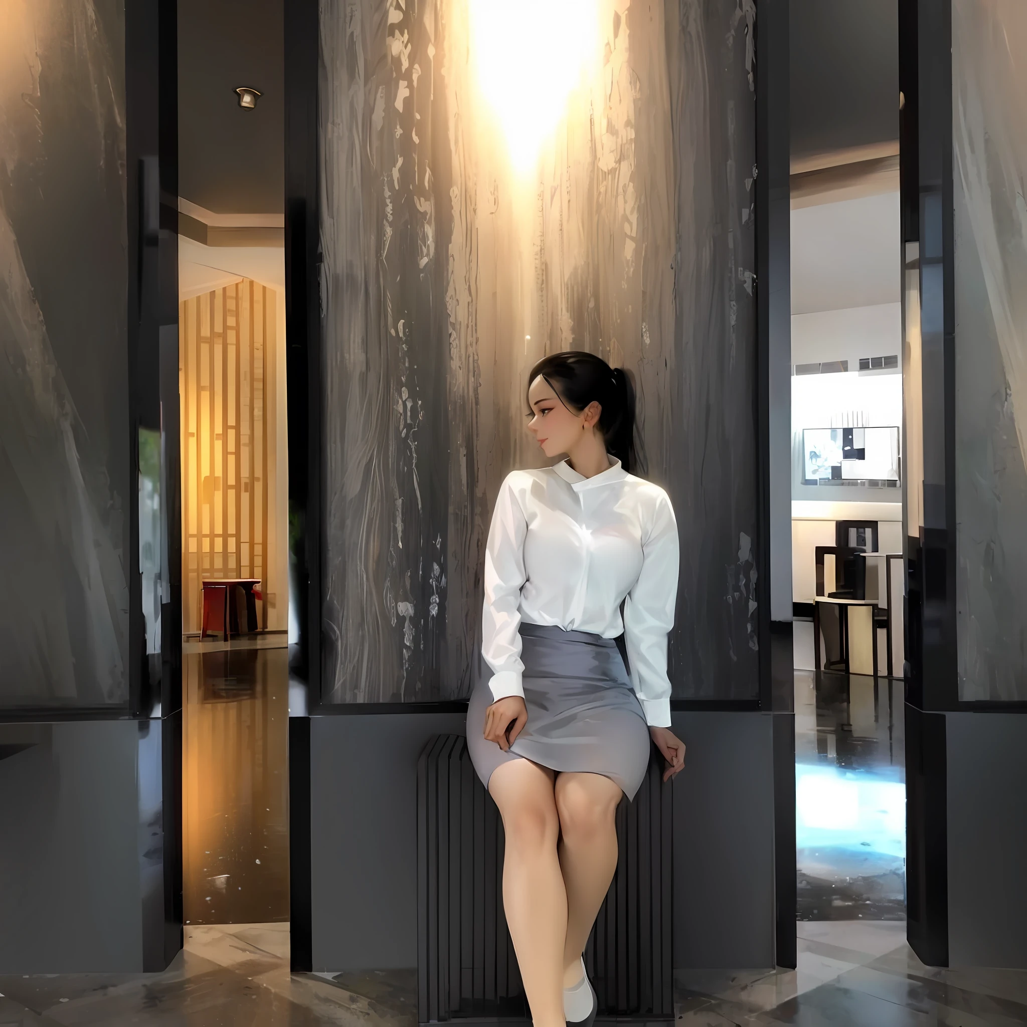 there is a woman sitting on a chair in a lobby, on a large marble wall, taken in 2 0 2 0, marble walls, inspired by Cheng Jiasui, inspired by Liu Haisu, inspired by Ni Yuanlu, photo taken in 2 0 2 0, white marble walls, in ancient temple, marble room, smiling